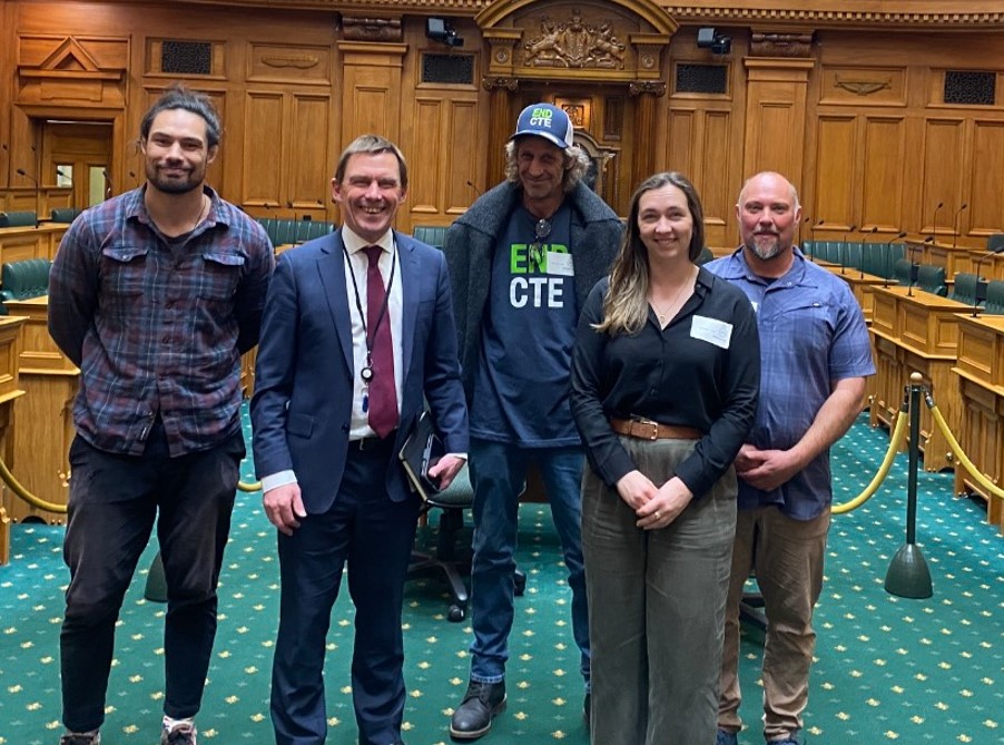 From left, former rugby professional Shane Christie, NZ First MP Andy Foster, CTE victim Billy Guyton's dad John, Dr Helen Murray from the Auckland brain bank, and former NZSAS soldier Gregg Johnson.