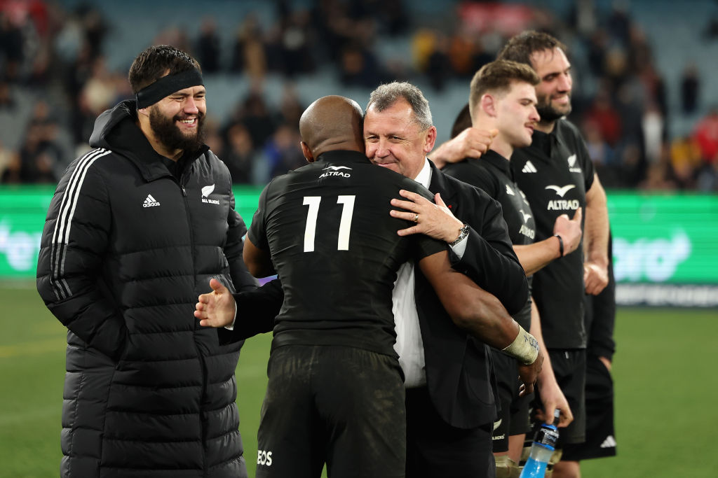Ian Foster head coach embraces Mark Tele'a. Photo / Getty