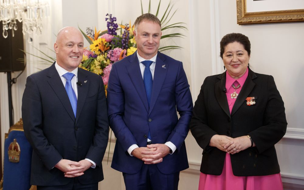 Climate Change Minister Simon Watts with Prime Minister Christopher Luxon and Governor-General Dame Cindy Kiro after the swearing-in ceremony at Government House in Wellington on November 27, 2023. Photo / Mark Mitchell