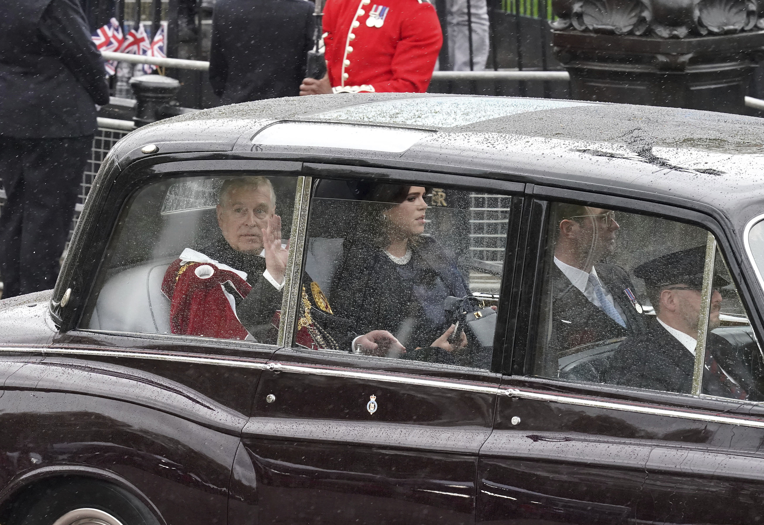 Prince Andrew and Princess Eugenie travel along The Mall ahead of the coronation ceremony of King Charles III in central London, Saturday, May 6, 2023. Photo / AP
