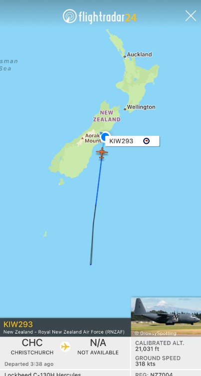 Prime Minister's flight to Antarctica turned back and returned to Christchurch. Photo / Flightradar24.com