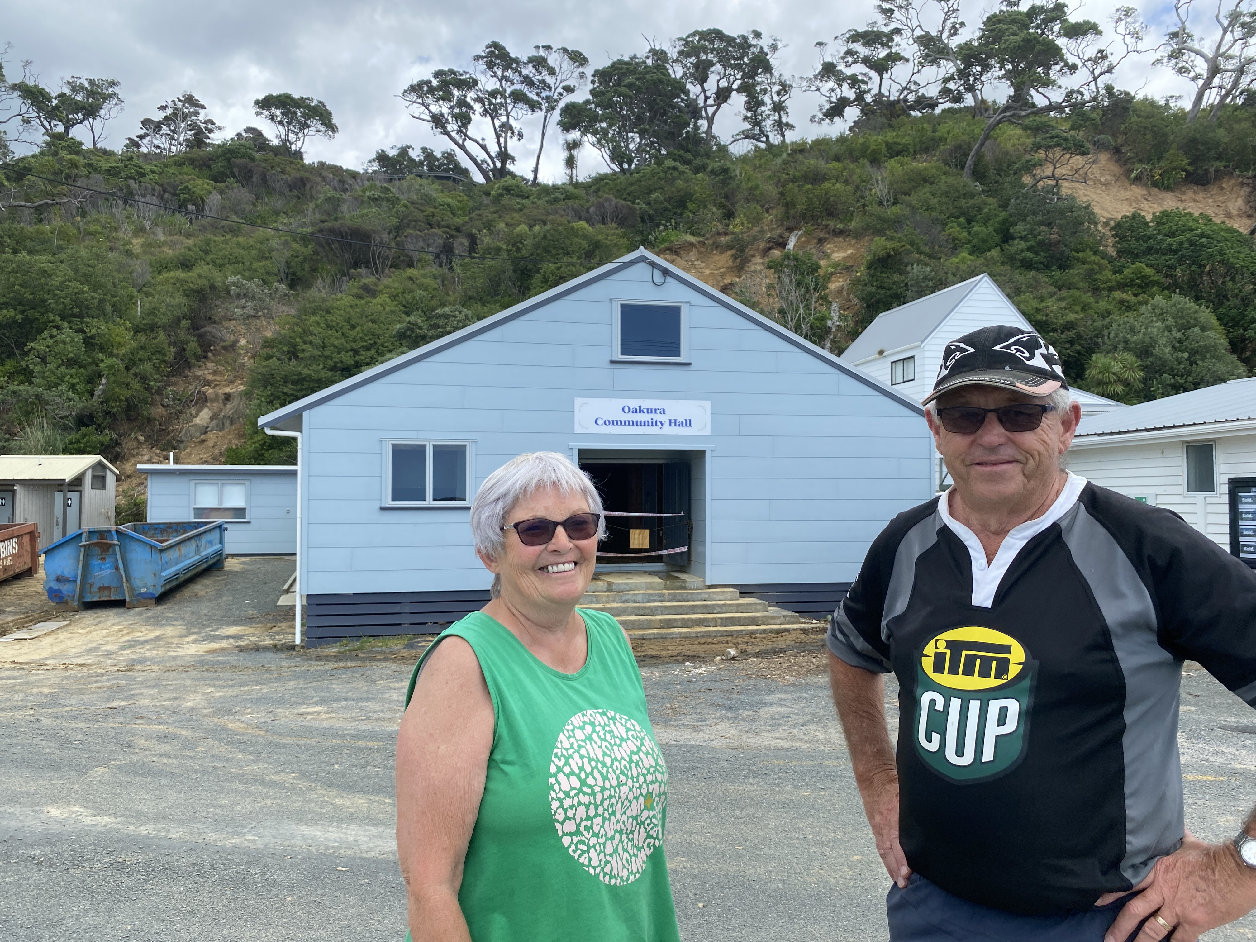 Colleen and Glenn Ferguson, from Ōakura Community Hall, await to hear the hall's fate after it was damaged by a large slip. Photo / Denise Piper