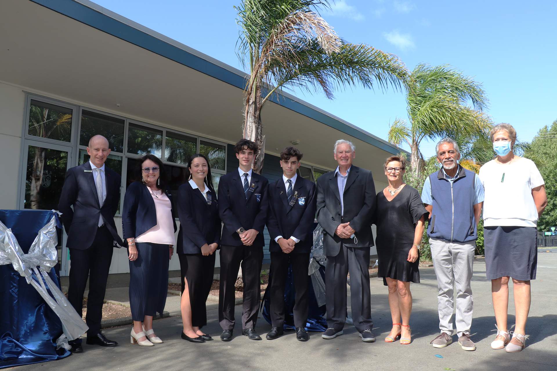 At the official opening of Kerikeri High School’s solar power system associate principal Mike Clent (left), principal Elizabeth Forgie, deputy head girl Pippiana Voakes, head boy Nicolas Powell, deputy head boy Matthew Clent, consultant Gerry Buxton, Board of Trustees member Wendy Butler, matua Taua Kemp and Board of Trustees chairwoman Sue Richards. Photo / Supplied
