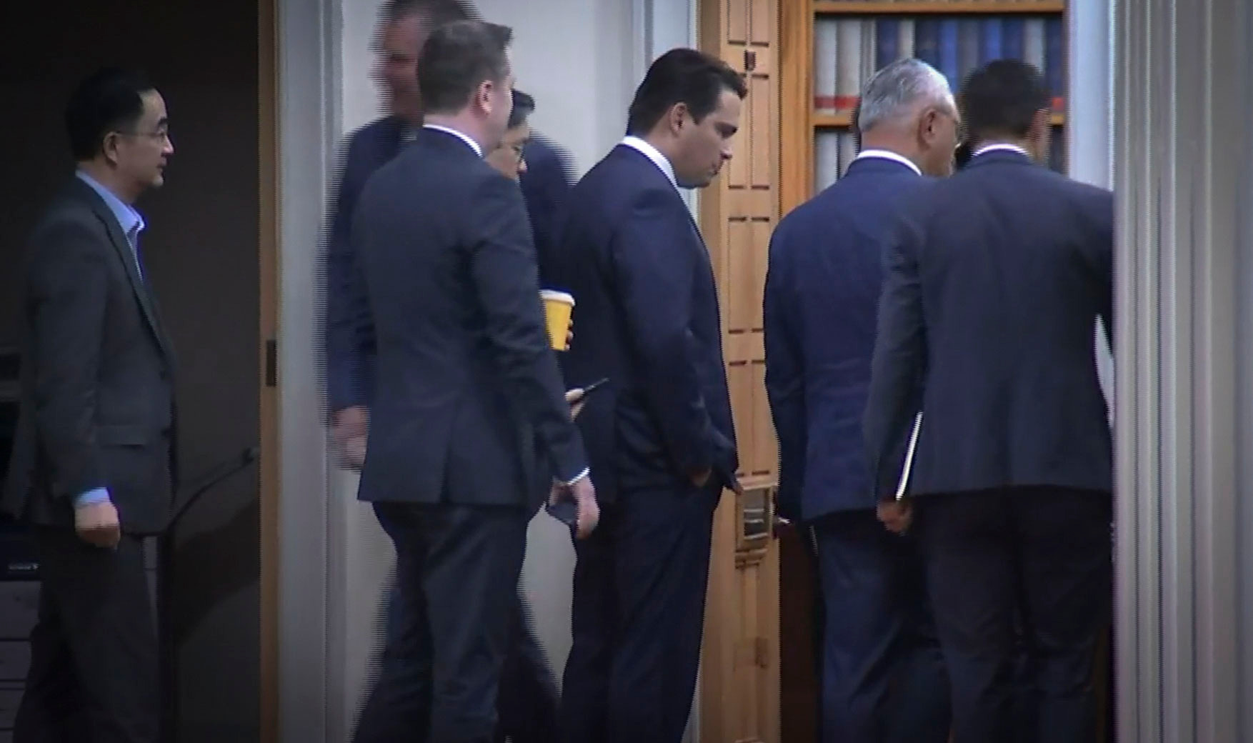 National MPs filing into the caucus room the last time there was a contested leadership. Photo / Chris Tarpey