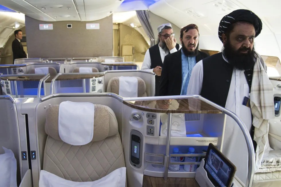 The Afghan envoy to the UAE visits an Emirates A380 at the Dubai Air Show last year, following the return of air links between the two countries. Photo / Jon Gambrell, AP