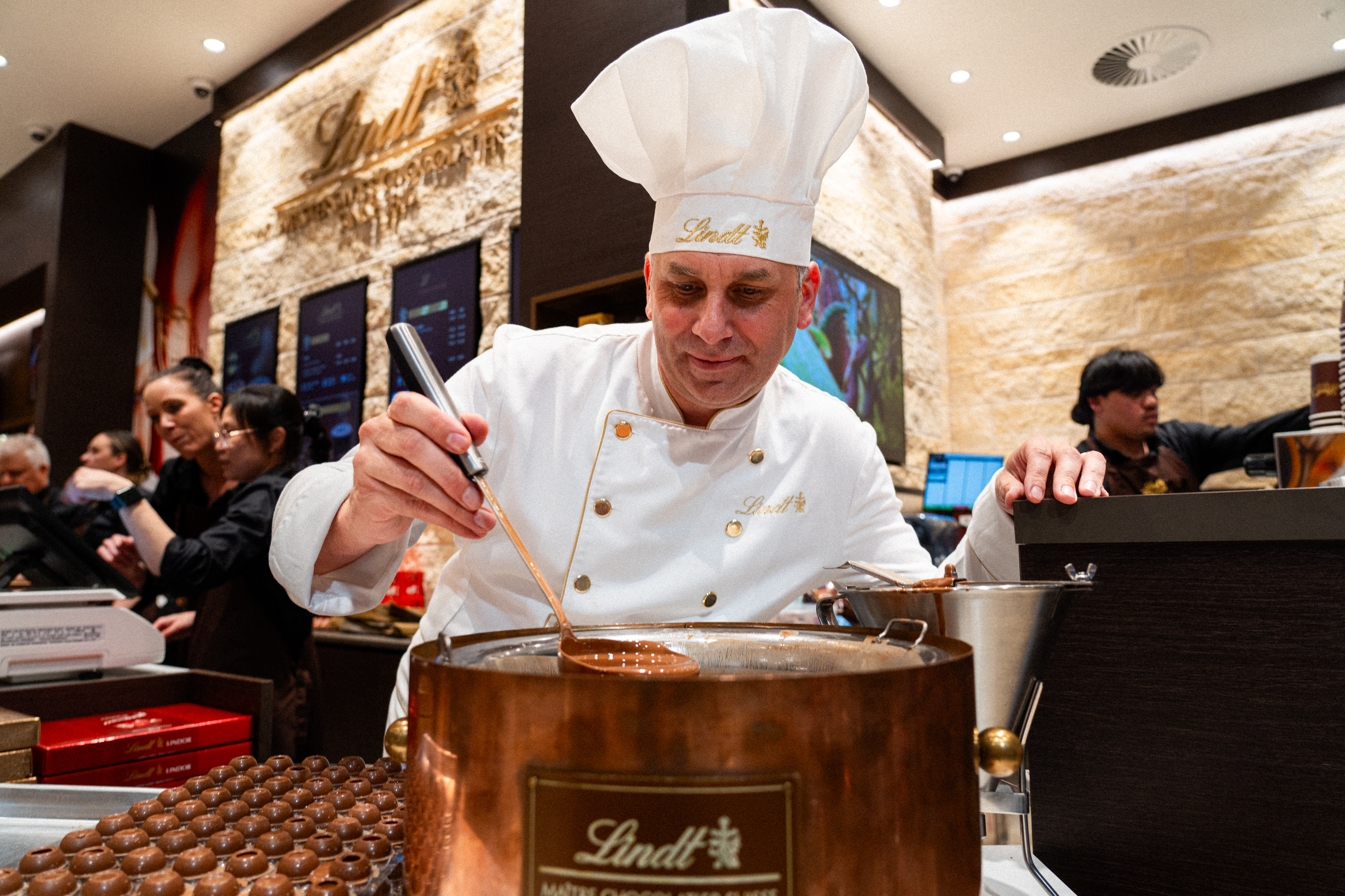 Lindt master chocolatier Thomas Schnetzler at the opening of the Lindt store in Mānawa Bay.