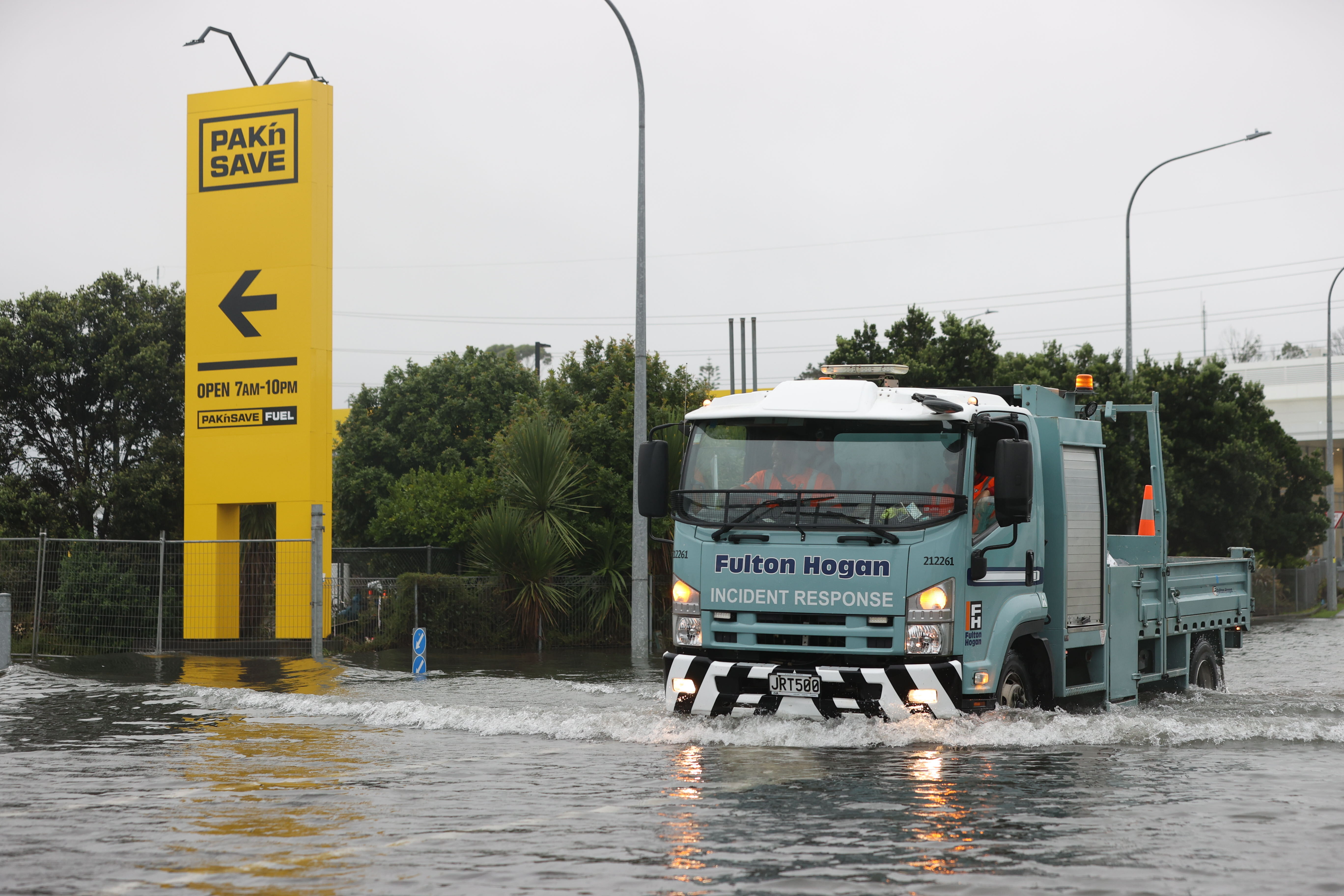Flooding on Porana Rd, Glenfield, threatened Pak'n'Save Wairau again on Wednesday morning. Photo / Brett Phibbs
