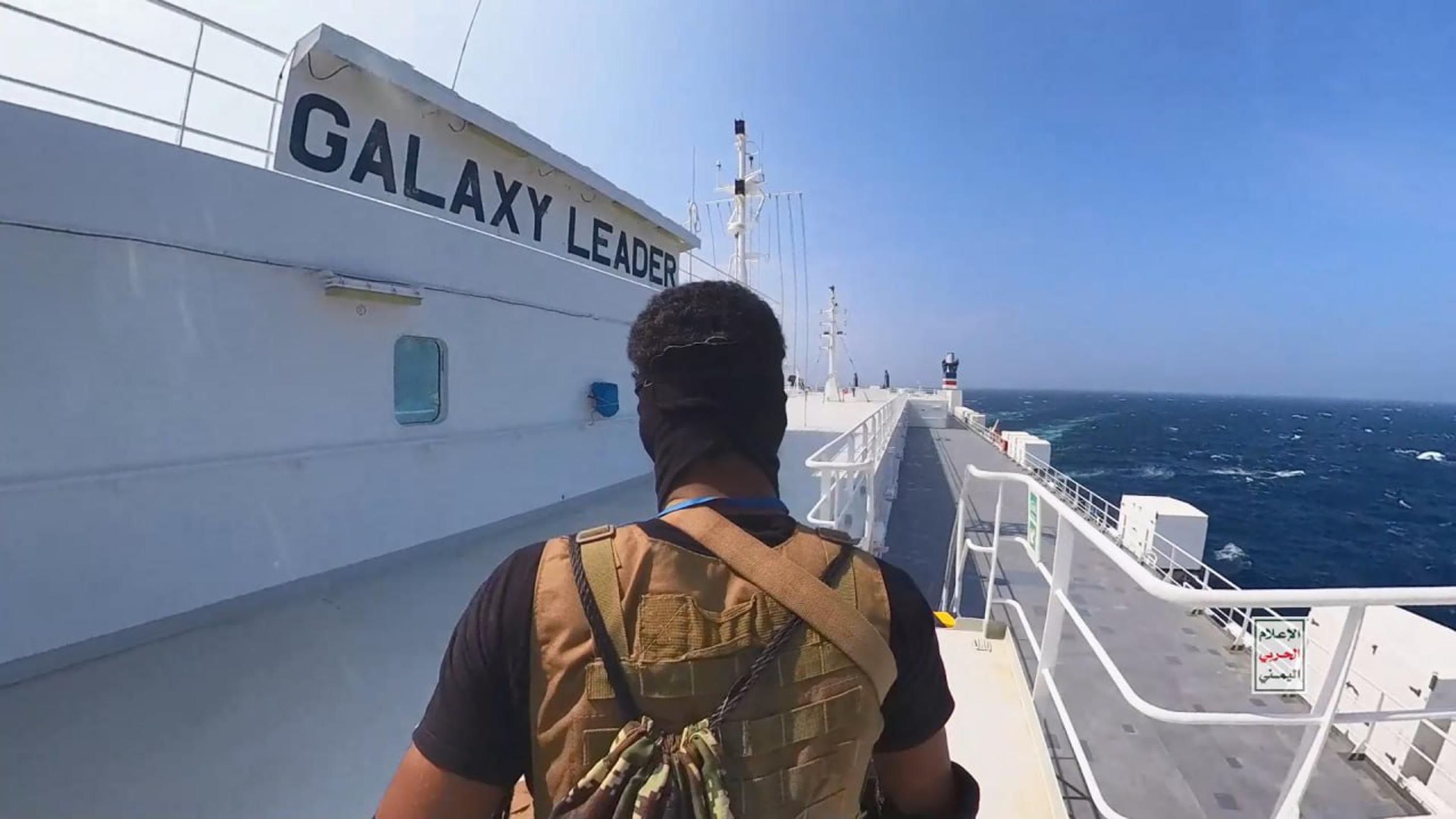 Yemen's Houthi fighters' takeover the Galaxy Leader Cargo in the Red Sea coast off Hudaydah. Photo / Getty Images
