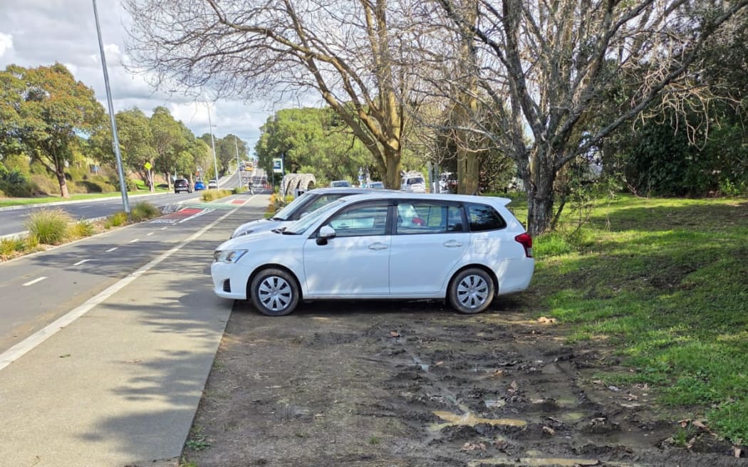 Motorists have driven down the cycle lane to park on the verge. Photo / RNZ