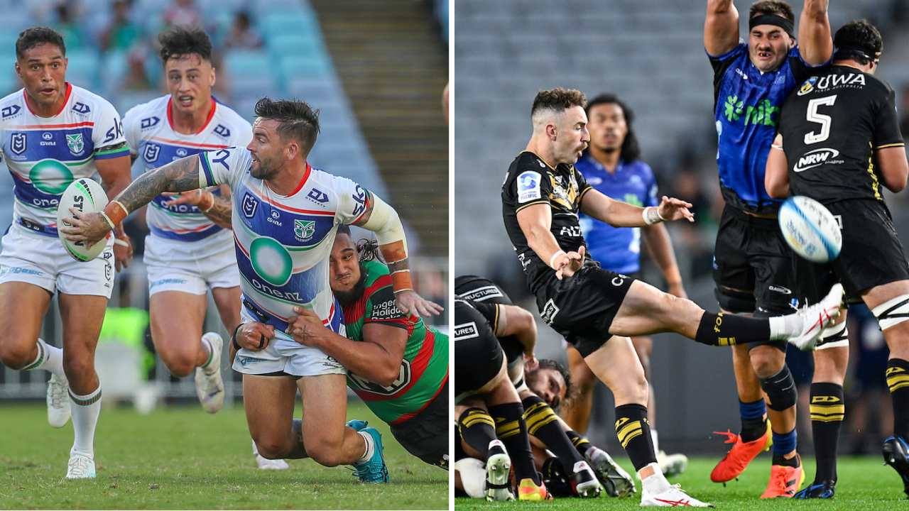 Wayde Egan of the Warriors (left) has impressed in the NRL, while Super Rugby Pacific has failed to. Photo / Photosport