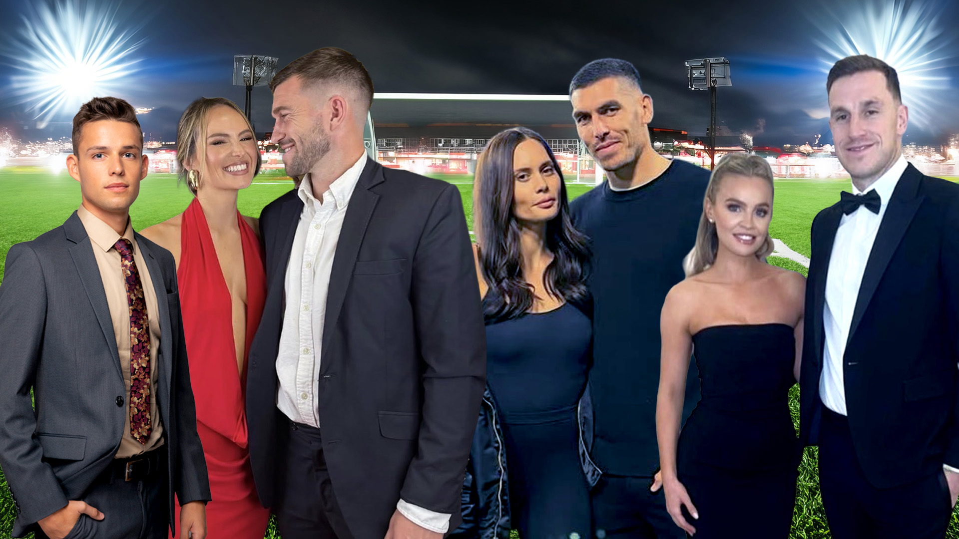 Kennedy Anderson (from left) is rethinking content creation; Michelle Peters and Tim Payne, Libby and Michael Boxall and Emma and Chris Wood are getting ready for the All Whites' Fifa World Cup campaign. Photo / Herald composite
