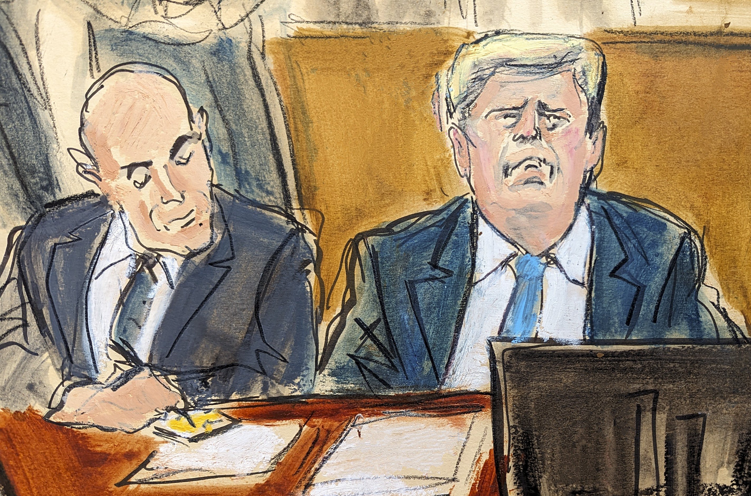 Former US president Donald Trump (right) and his attorney Emil Bove during the hush money trial in Manhattan this week. Illustration / Elizabeth Williams via AP