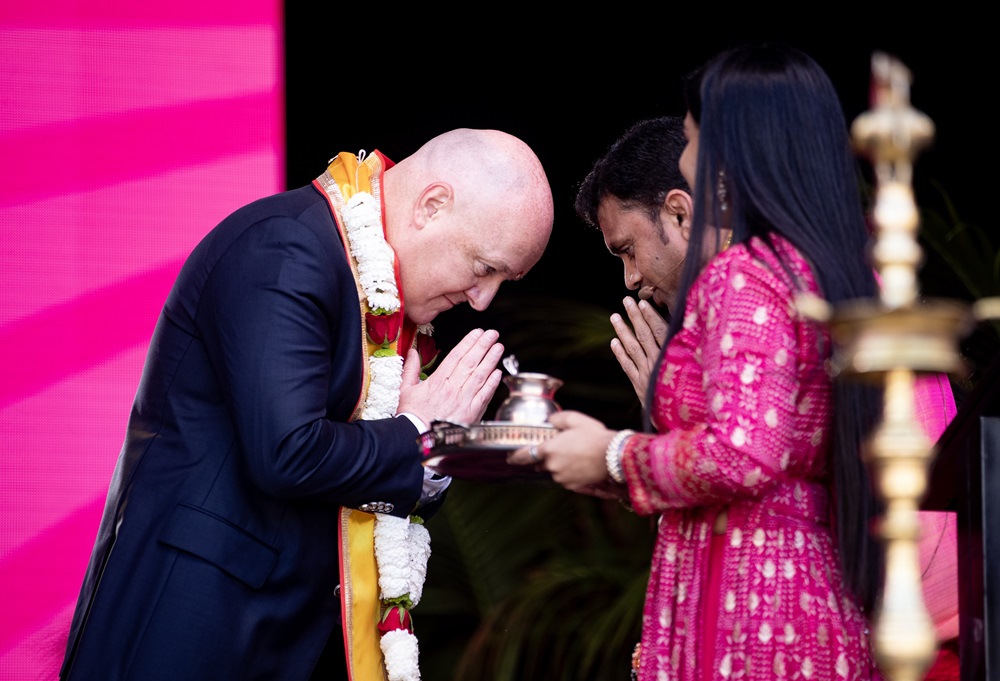Prime Minister Christopher Luxon is welcomed to the Diwali Festival held at Aotea Square. Photo / Dean Purcell