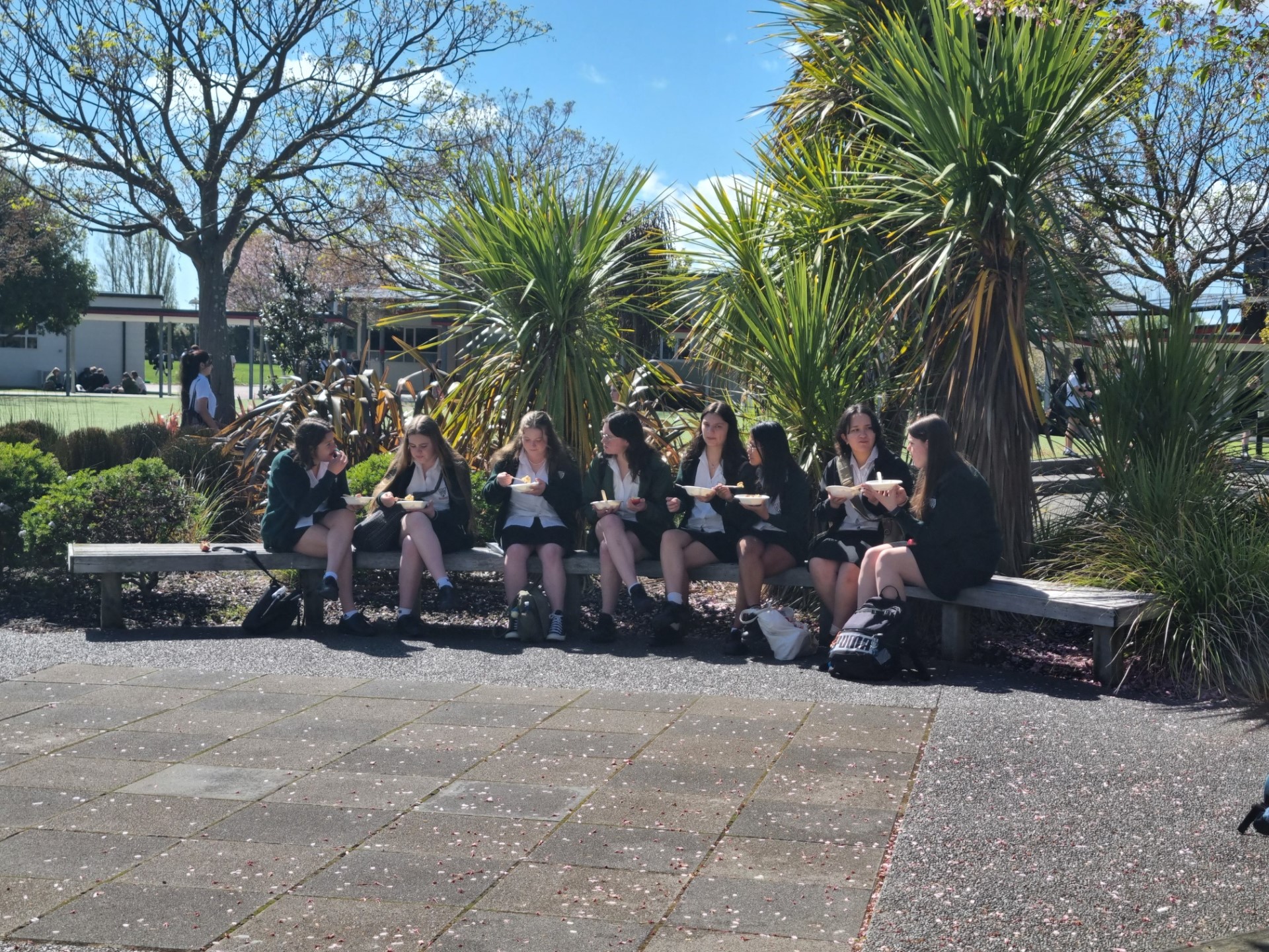 Karamū High School Year 13 students gathered to enjoy their first supplied lunch together in the courtyard.