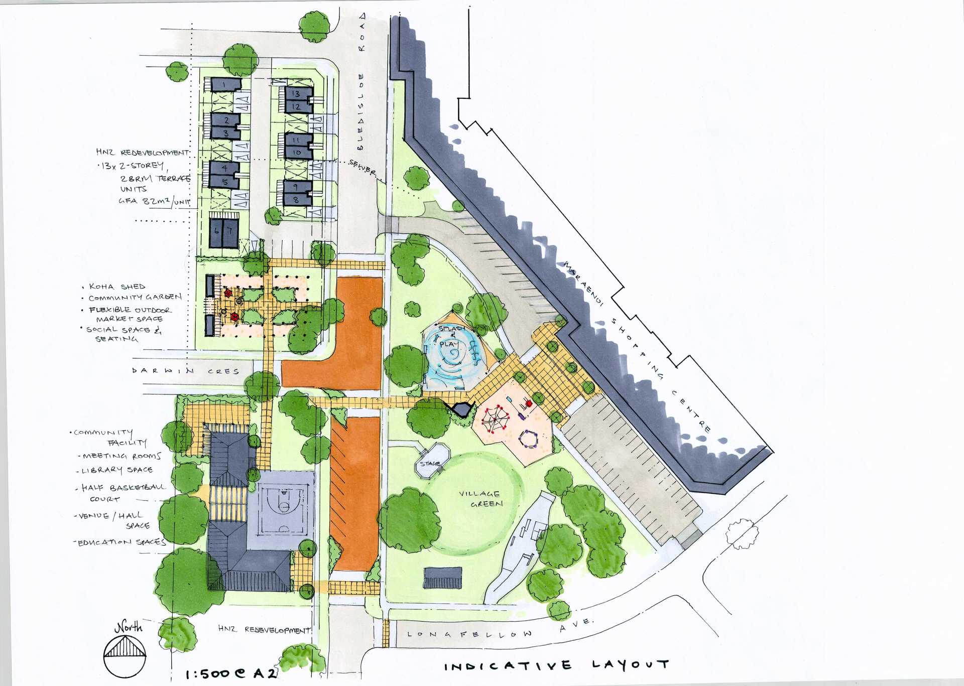The concept plan for the Maraenui suburban centre, including the speed-calming goal for Bledisloe Rd. Image / Supplied