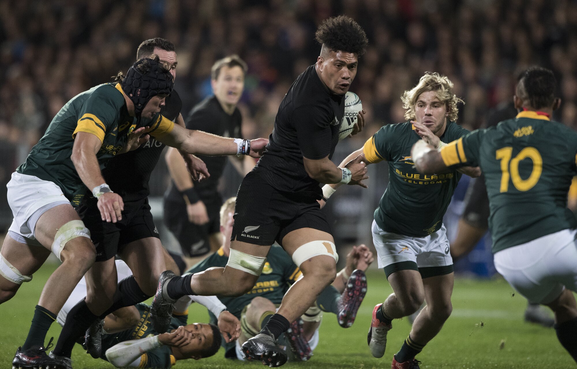 All Blacks loose forward Ardie Savea charges into the fray against the Springboks, in Christchurch. Photo / Brett Phibbs