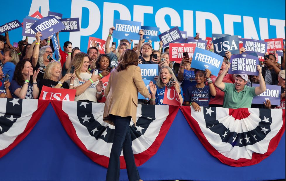 US Vice-President and Democratic presidential candidate Kamala Harris greets supporters as she arrives during a campaign rally in Charlotte, North Carolina. Photo / AFP