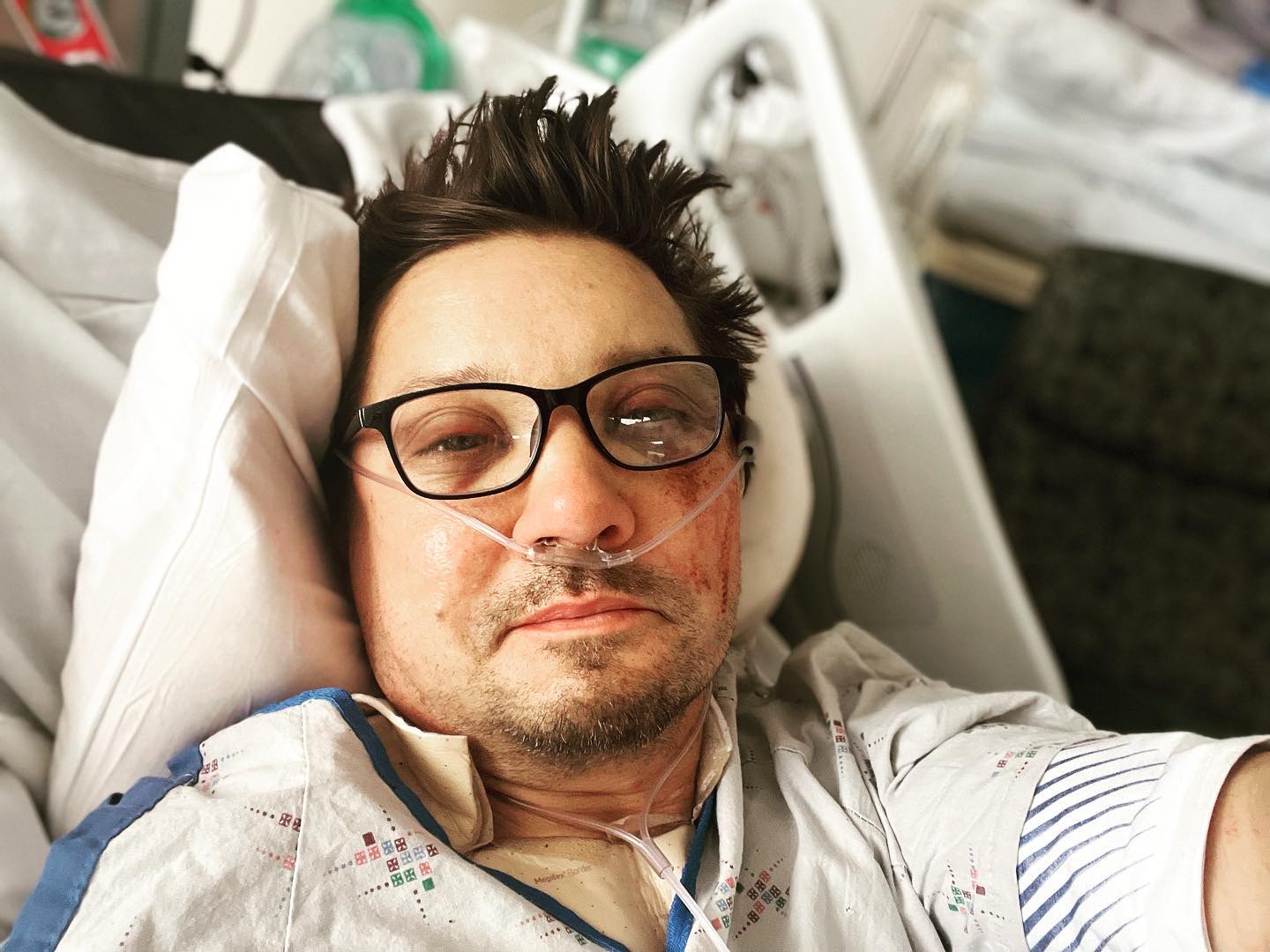 Jeremy Renner posted a photo on Instagram while he was in hospital recovering from the snowplough incident. Photo / Instagram