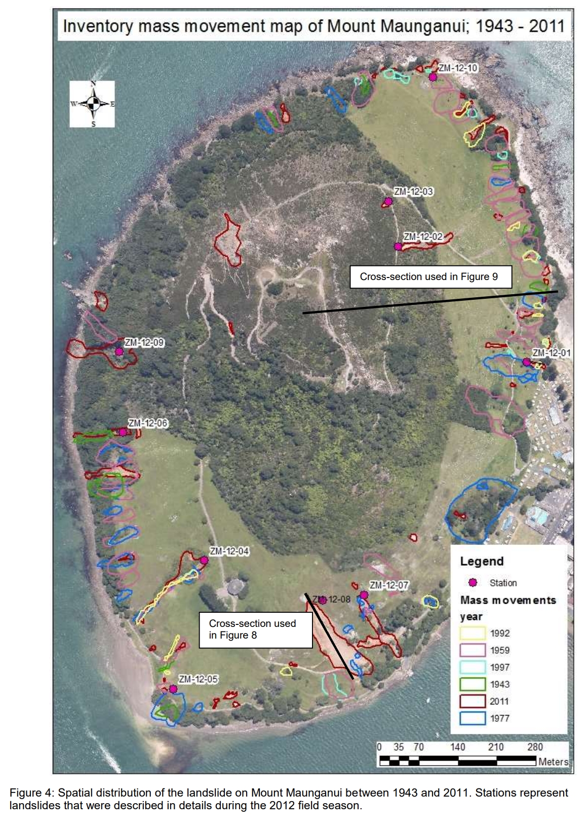 Mapping of previous landslides on Mount Maunganui show the site of a large slip near the location of the campground tragedy (inset, blue, bottom right) that happened in the 1970s.