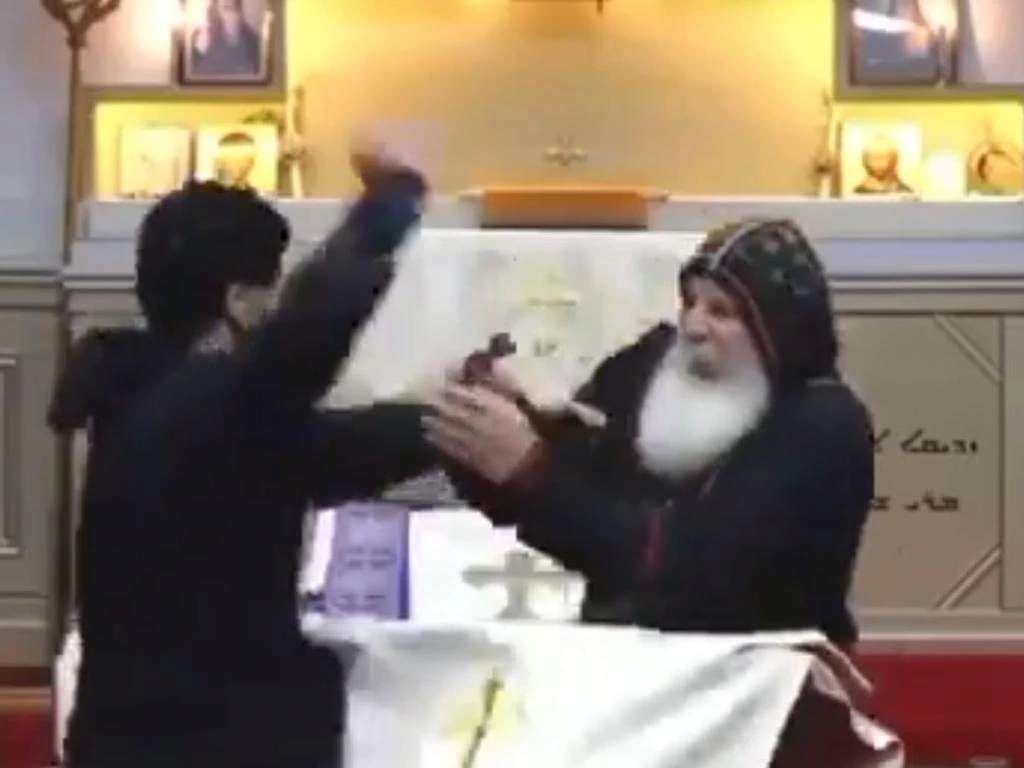 Images have emerged of a bishop appearing to be stabbed during a service in Sydney. Photo / X