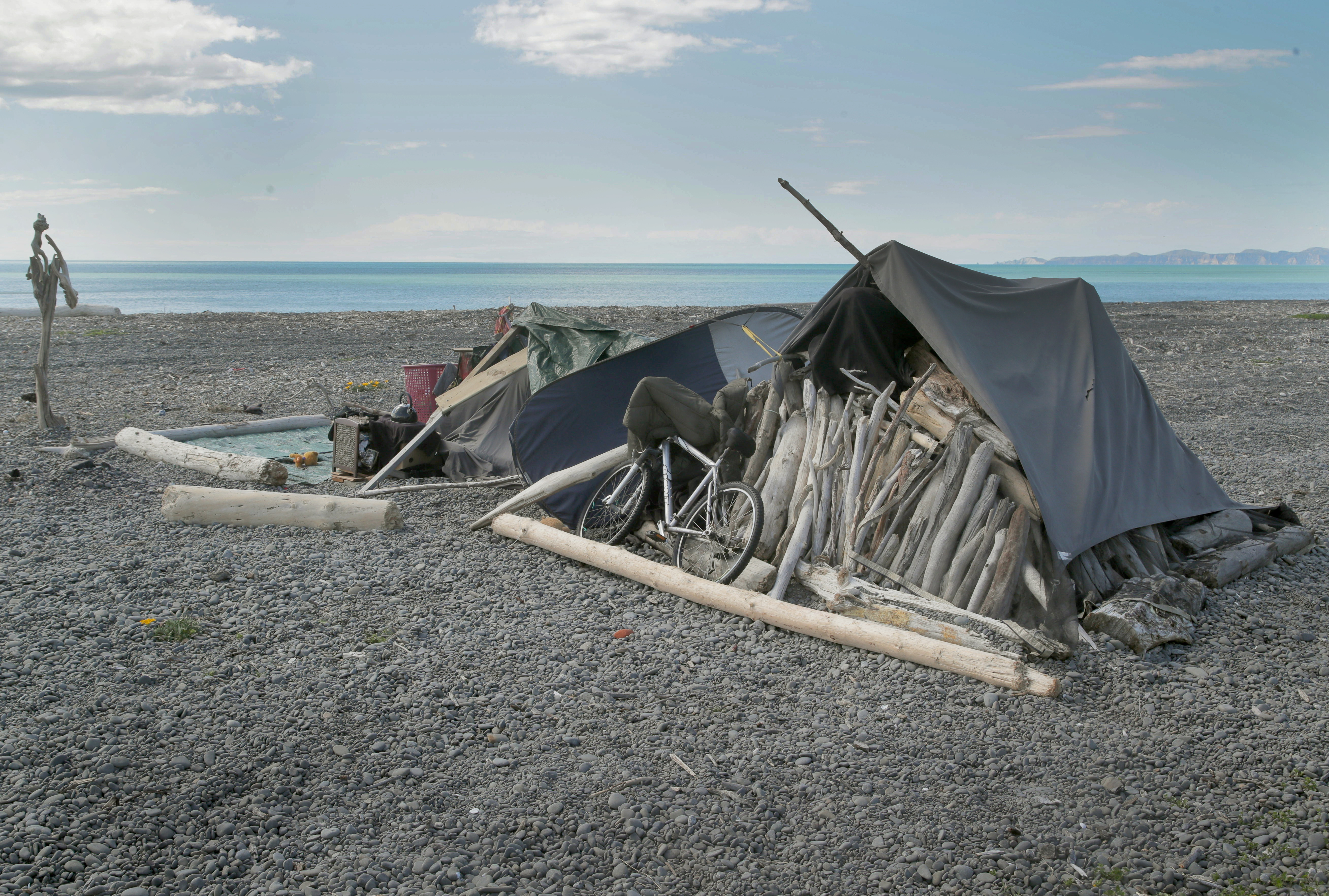 A driftwood whare on Marine Parade, Napier.