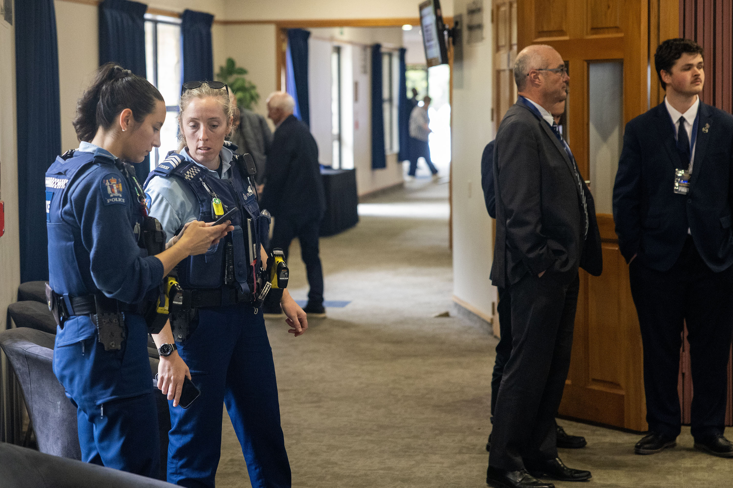 Police have arrested two people after protesters accosted Winston Peters and pushed Shane Jones at NZ First's national conference in Hamilton today. Photo / Mike Scott