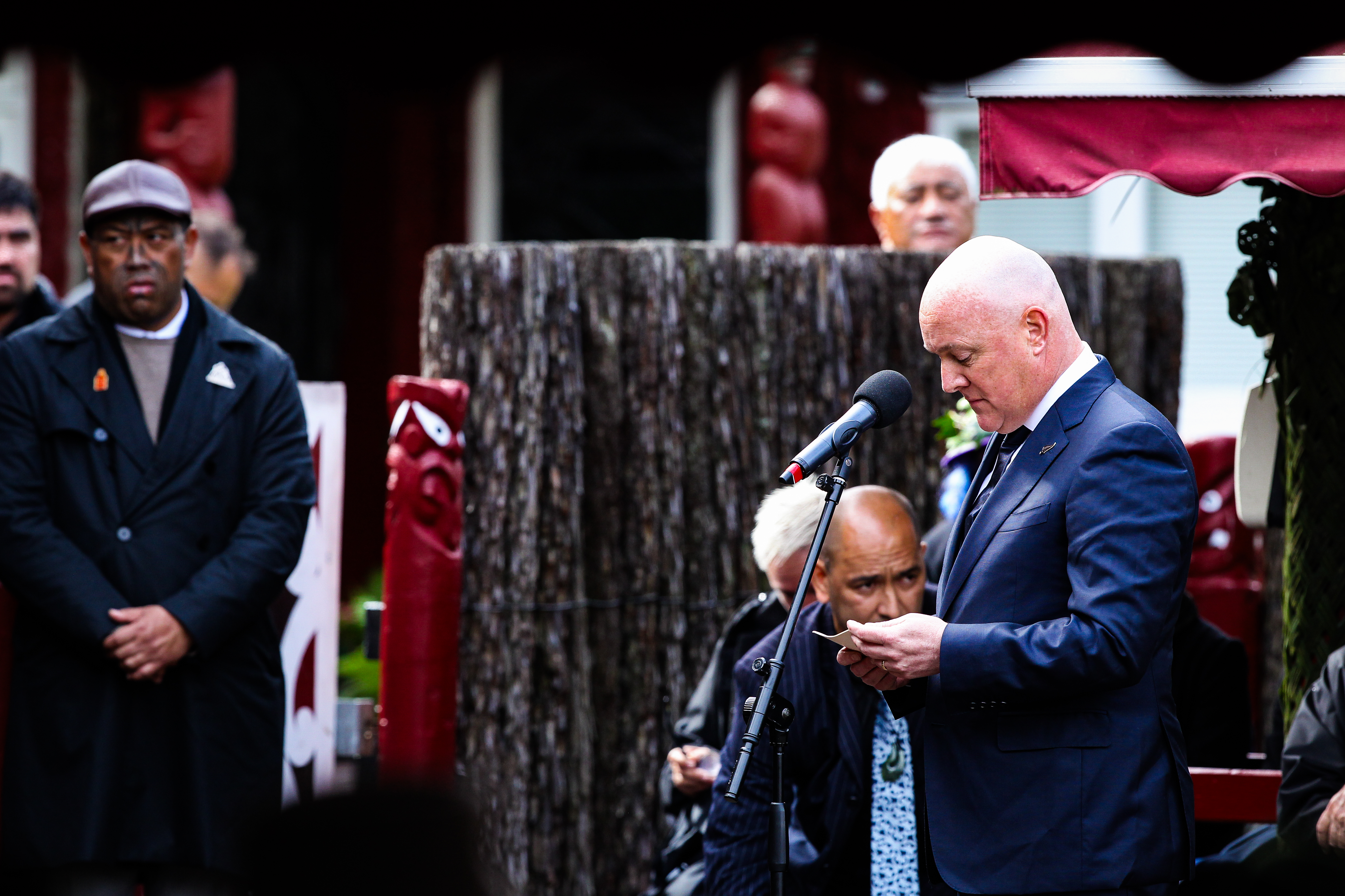 Prime Minister Christopher Luxon showed a rare side of emotion as he farewelled Kīngi Tūheitia at Tūrangawaewae Marae today. Photo / Kīngitanga