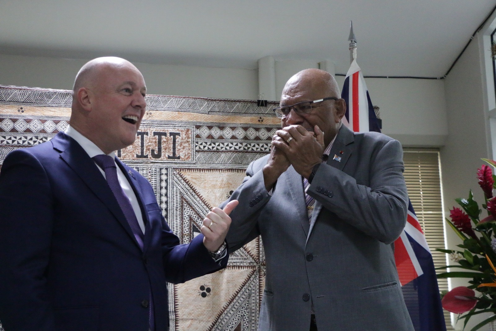 Prime Minister Christopher Luxon gifted Fijian PM Sitiveni Rabuka a harmonica ahead of official talks. Photo / Pool