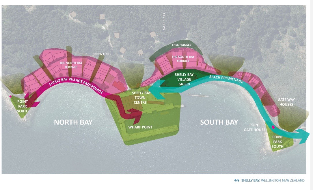 A graphic showing the spatial principles of the proposed Shelly Bay development in Miramar, Wellington.