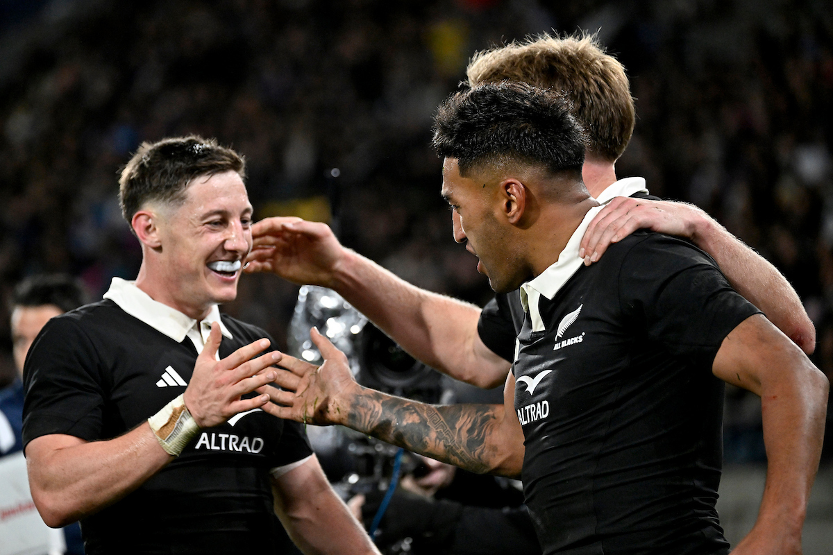 The All Blacks celebrate Rieko Ioane's try against France. Photo / Photosport