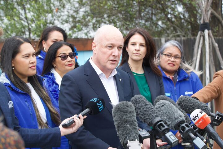 National leader Christopher Luxon speaks to media at the BestStart Te Atatu childcare centre. Photo / Jason Oxenham