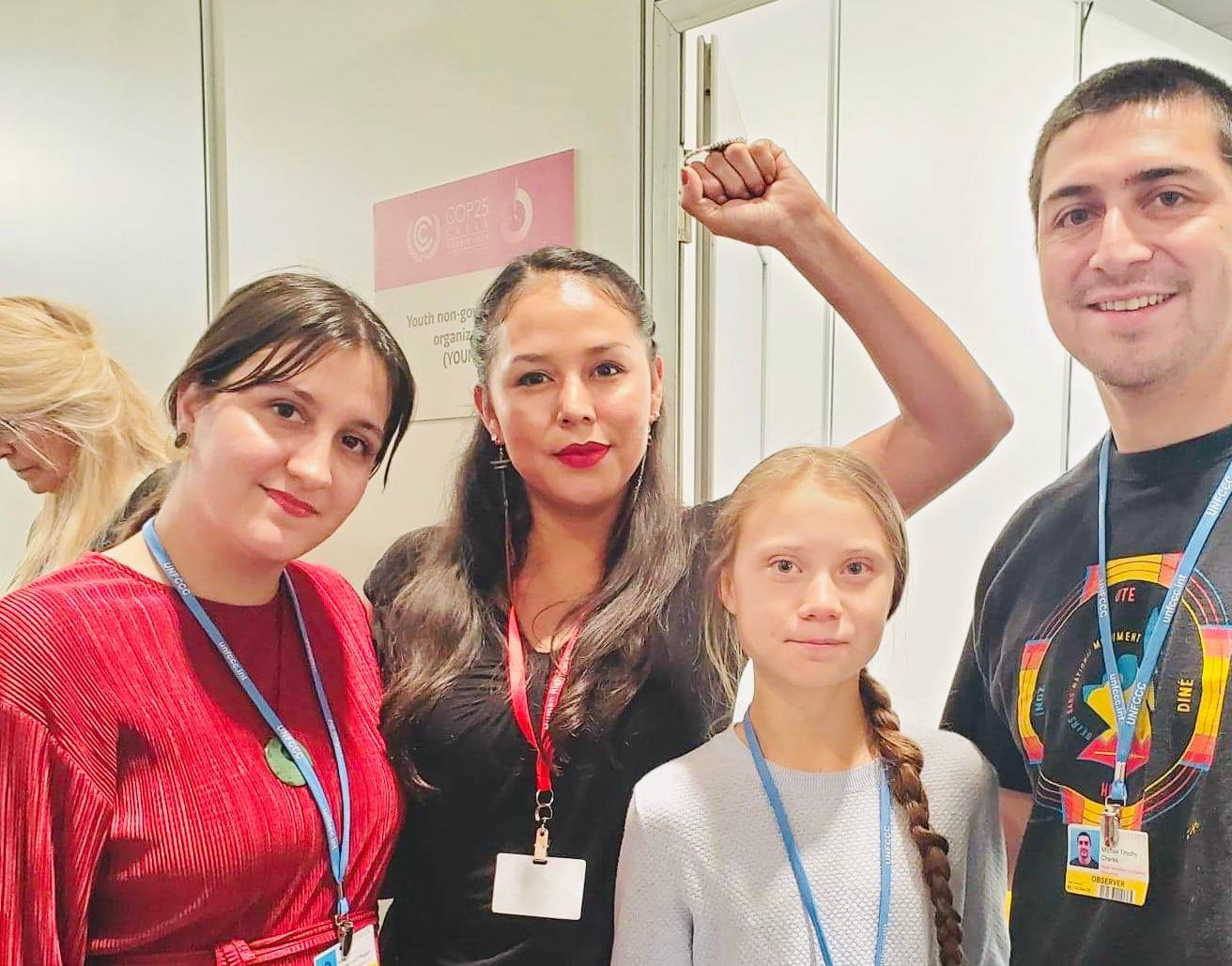Kera Sherwood-O'Regan (Ngāi Tahu) with Janene Yazzie (International Indian Treaty Council), Greta Thunberg and Michael Charles (SustainUS). Photo / Supplied