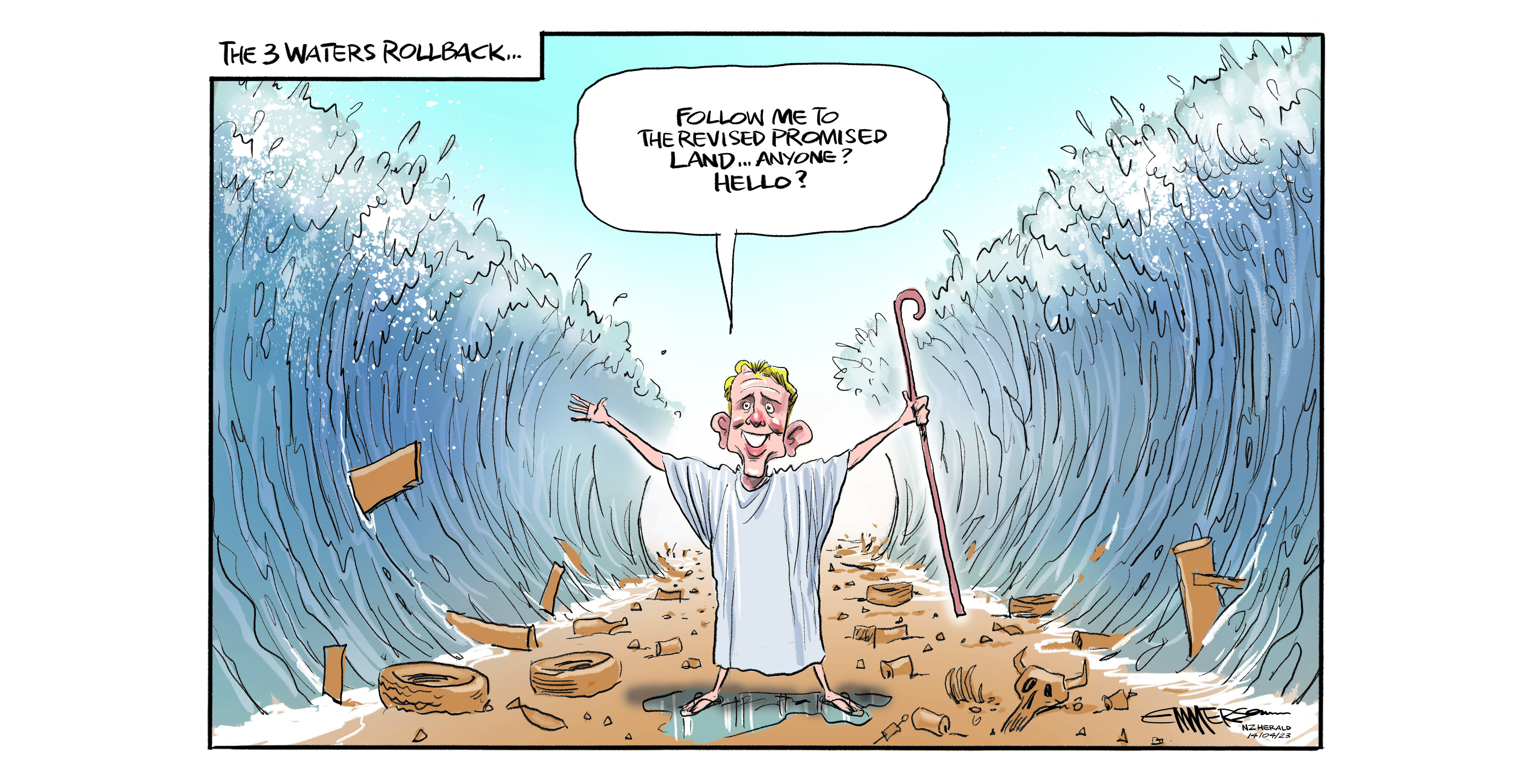 Chris Hipkins unveils the new 3 waters policy rollback. Illustration / Rod Emmerson