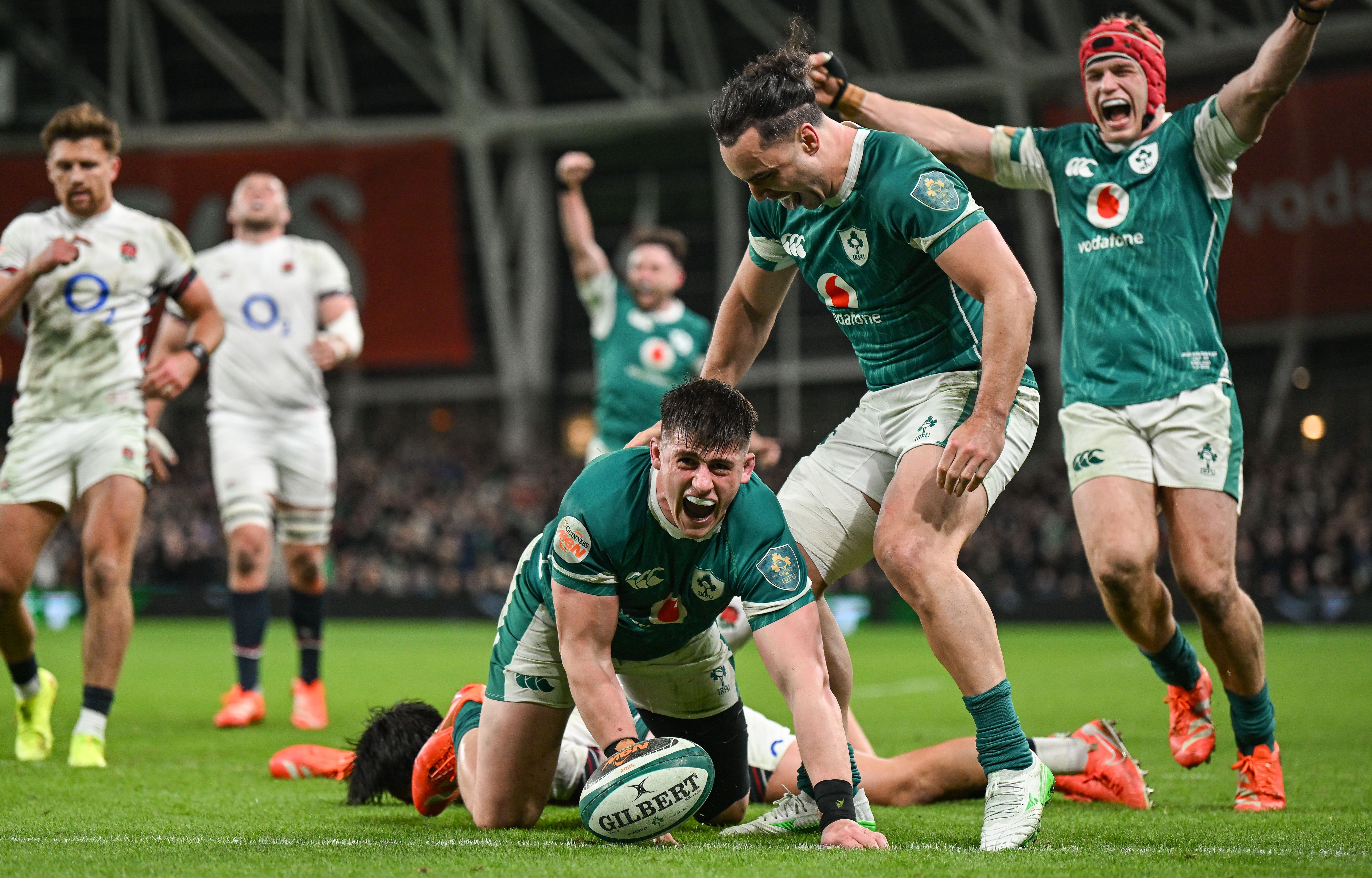 Dan Sheehan celebrates scoring as Ireland beat England 27-20 in Dublin. Photo / Getty Images