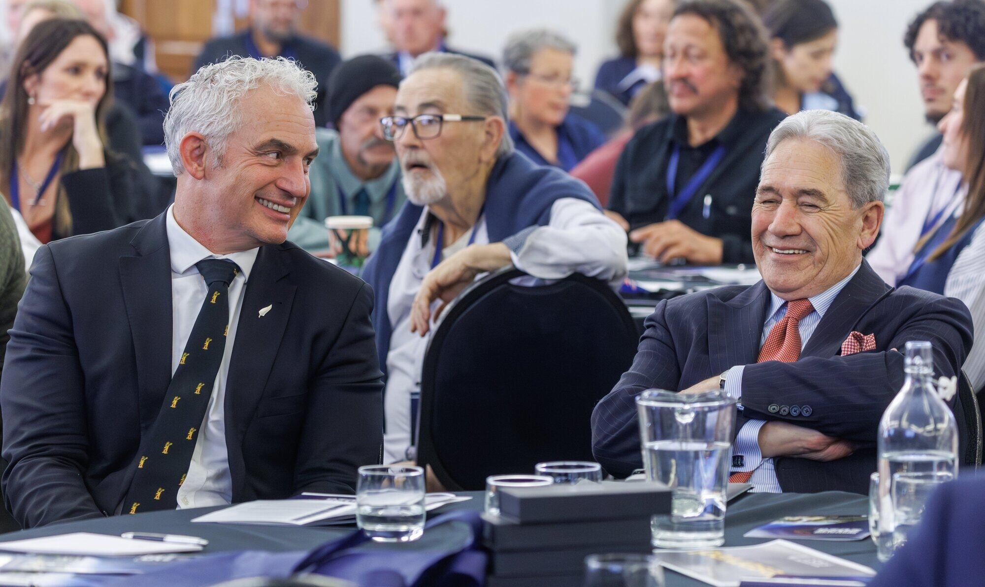 New Zealand First leader Winston Peters (right) sitting with Stuart Nash at the party's 2025 convention. Photo / Mark Mitchell 