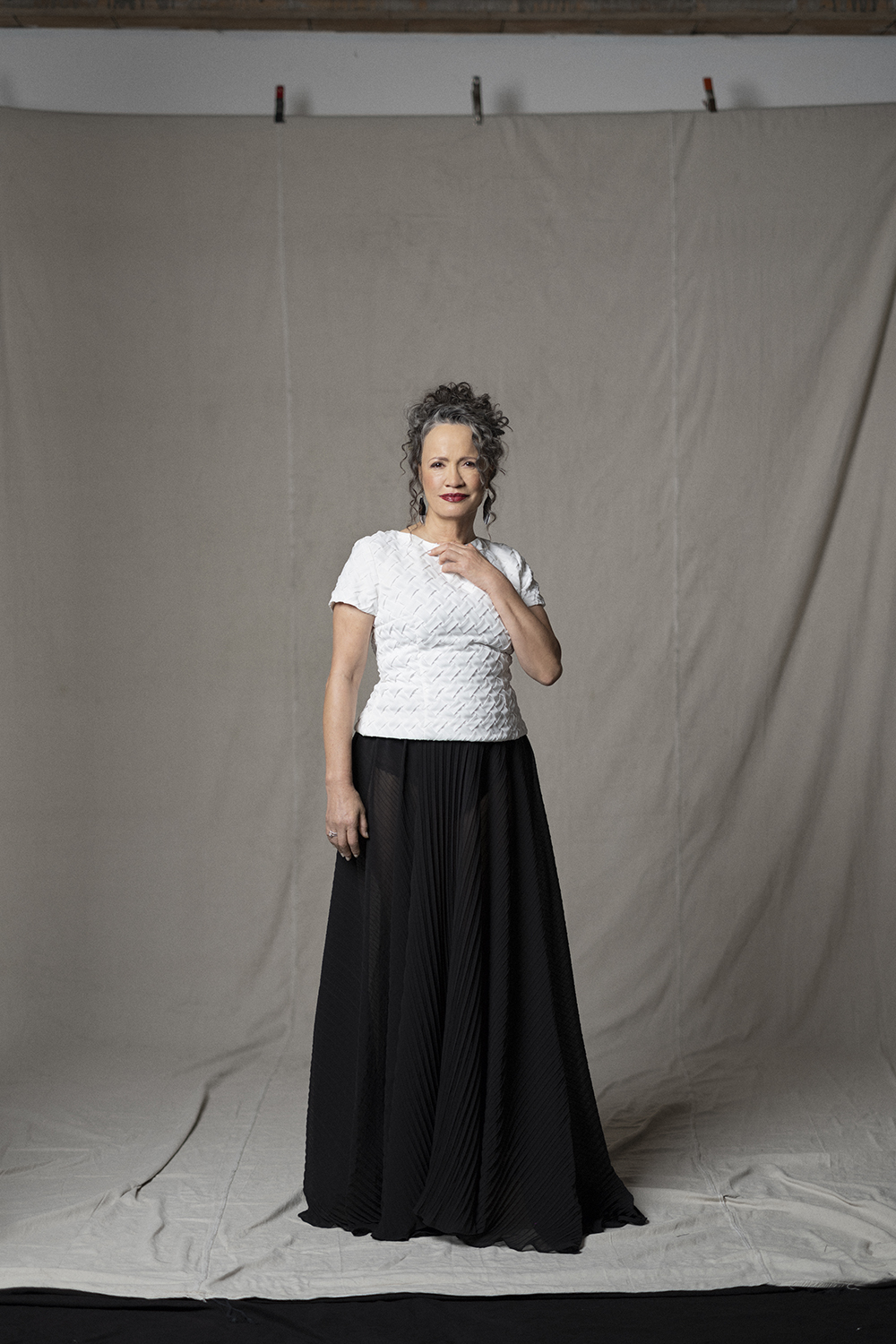 Kiri Nathan top and skirt. Mitchell Vincent earrings. Photo / Derek Henderson