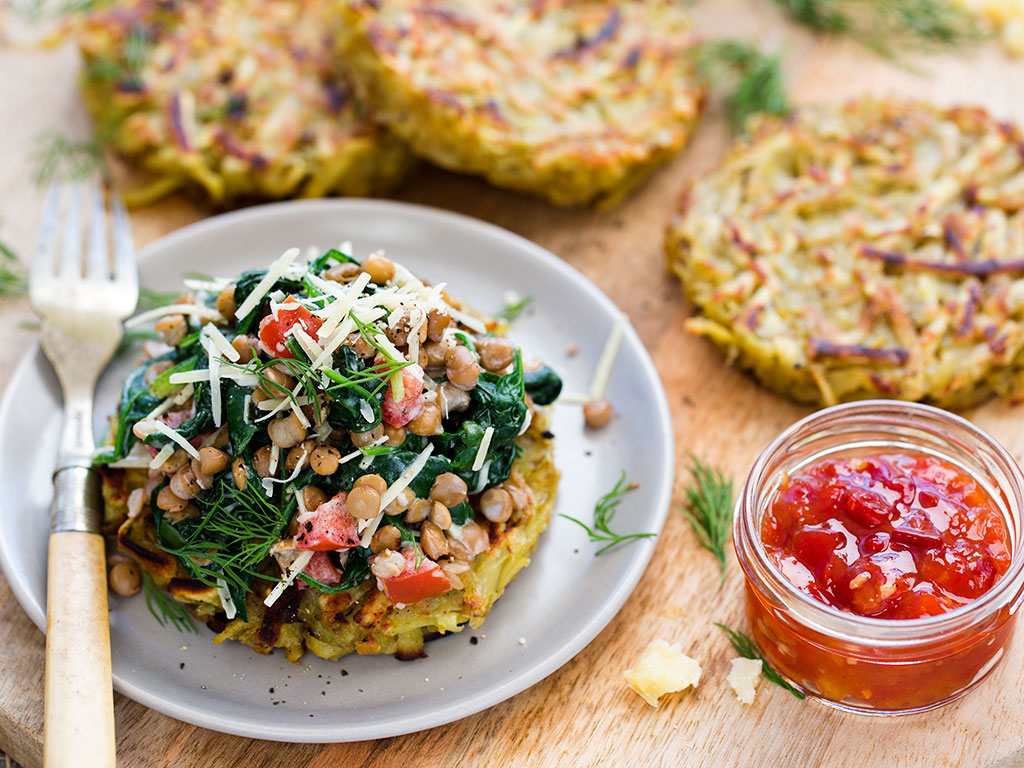 Rosti with Lentils, Spinach and Yoghurt. Picture / Babiche Martens.