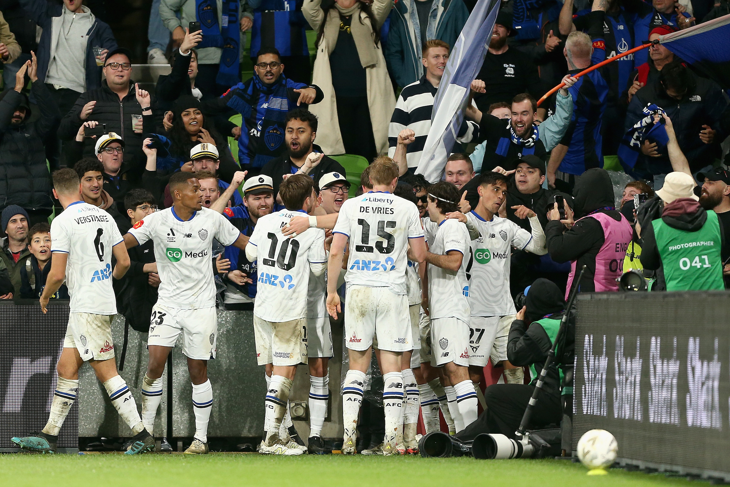 Logan Rogerson celebrates a goal during the A-League semifinal match between Melbourne Victory and Auckland FC. Photo / AAP Image/Rob Prezioso/ Photosport
