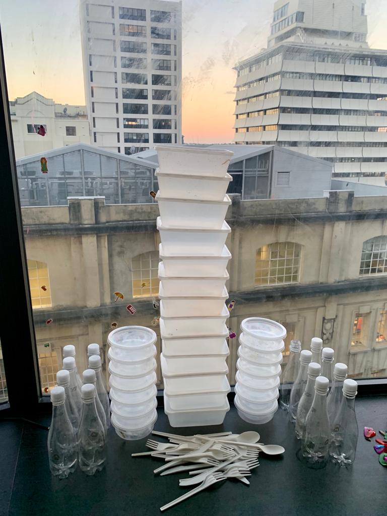 Two days worth of plastic at a managed isolation hotel. Photo / Supplied