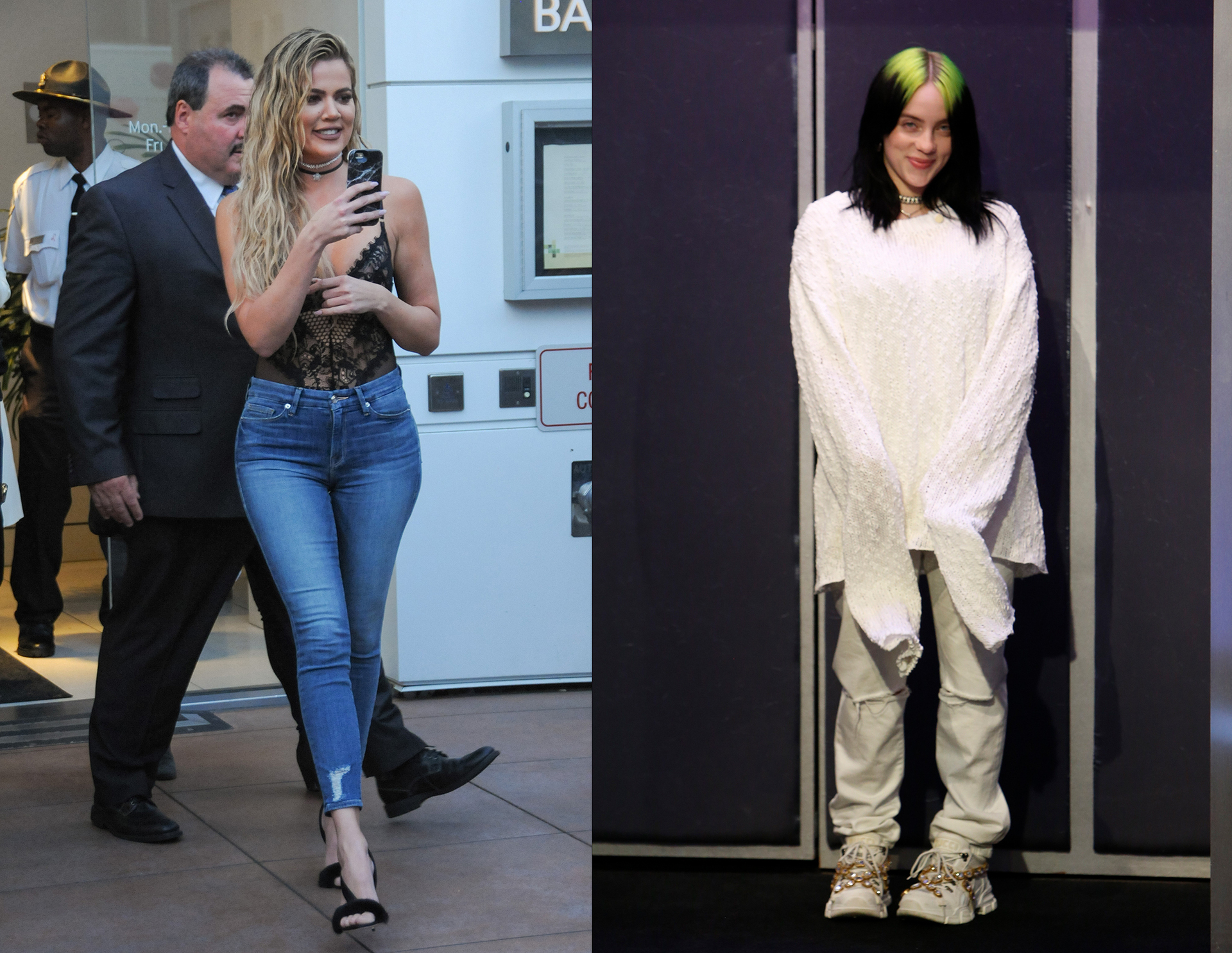 Millennial Khloe Kardashian with a side part and wearing skinny jeans and Gen Z member Billie Eilish with a middle part and baggy jeans. Photos / Getty