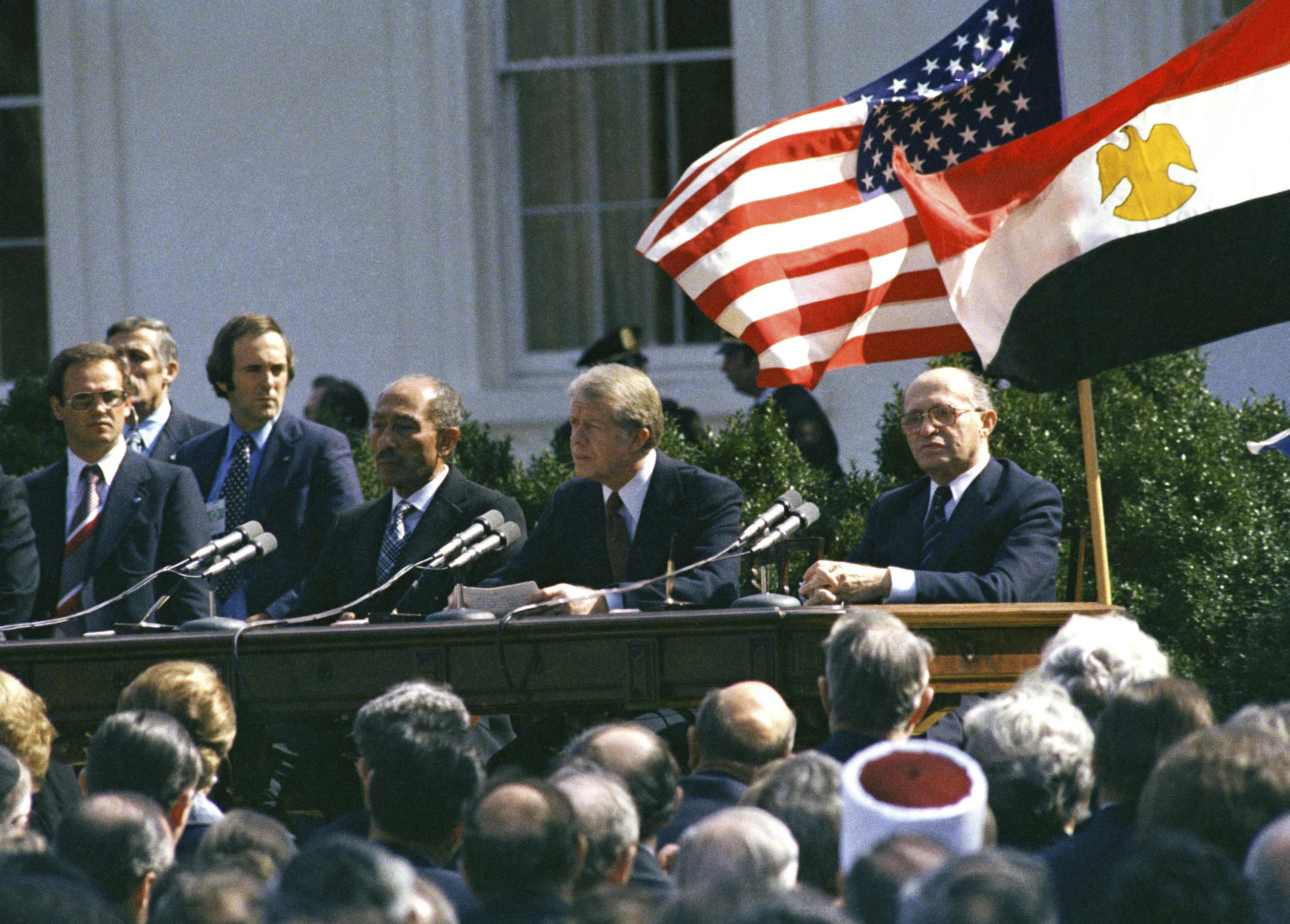 US President Jimmy Carter, Egyptian President Anwar Sadat and Israeli President Menachem Begin attend the formal ceremony for the Camp David Accords in Washington DC on March 26, 1979, designed to bring peace to the Middle East. Photo / AP