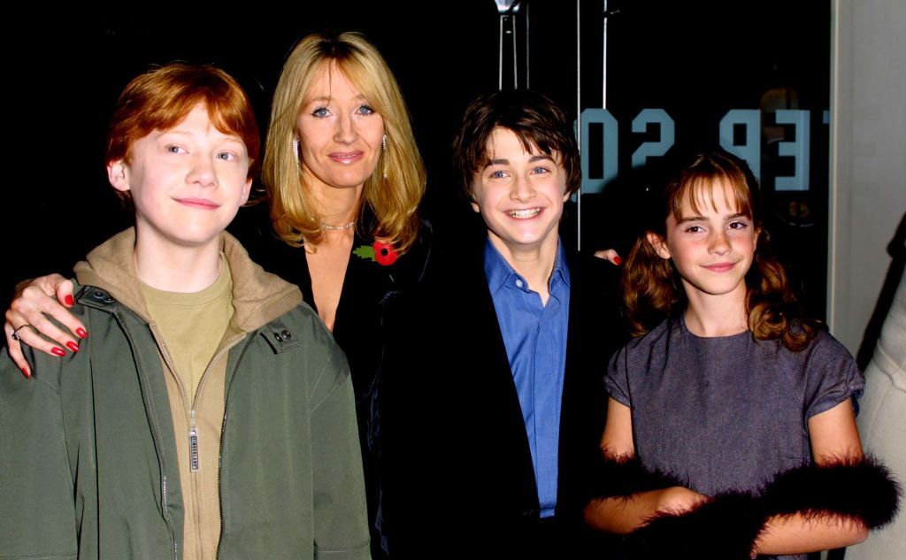 Rupert Grint, Daniel Radcliffe and Emma Watson with JK Rowling, at back, at the premiere of Harry Potter and the Philosopher's Stone in 2001. Photo / Getty Images