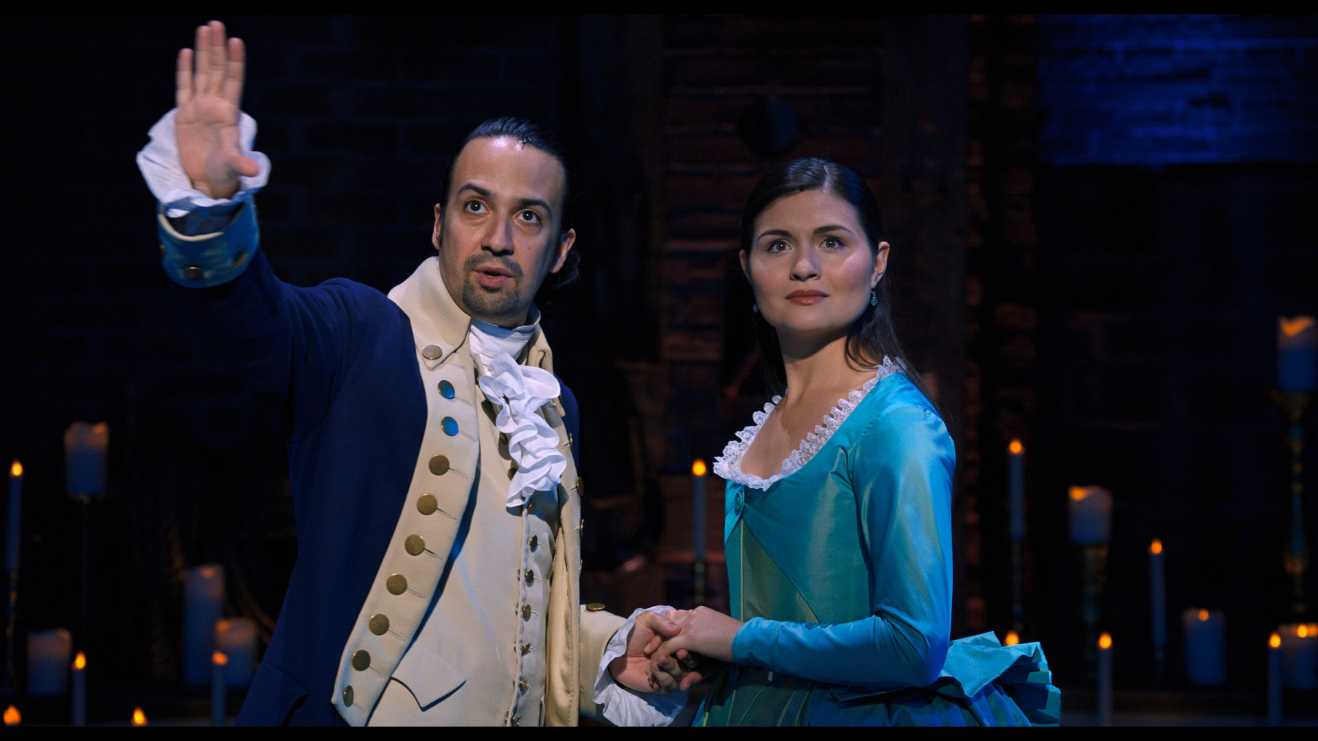 Miranda as Alexander Hamilton and Phillipa Soo as Eliza Hamilton in the filmed version of the original Broadway production.