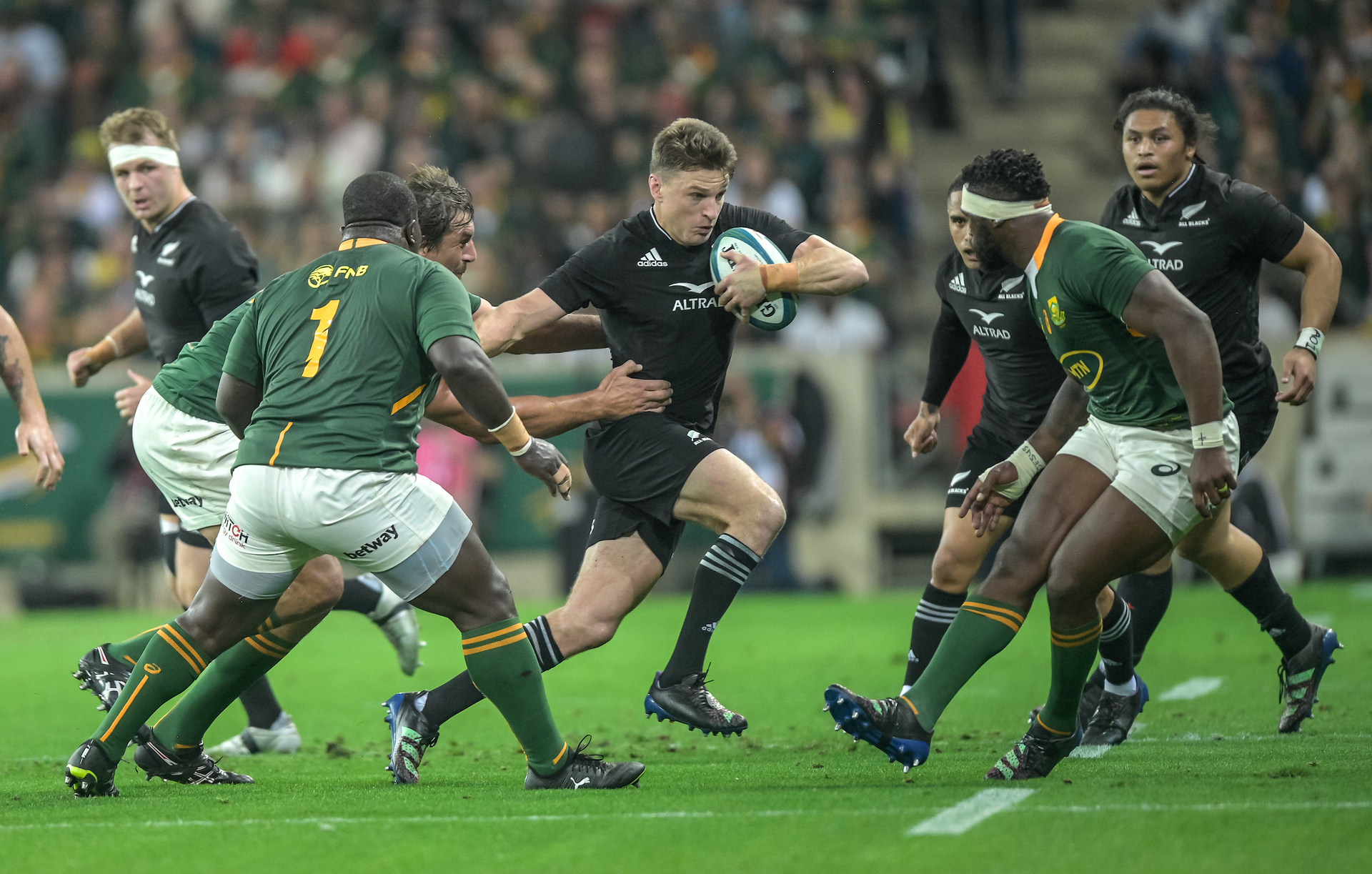 Eben Etzebeth of South Africa and Beauden Barrett of New Zealand during the New Zealand All Blacks v South Africa Springboks rugby union match. Photo / Photosport.co.nz