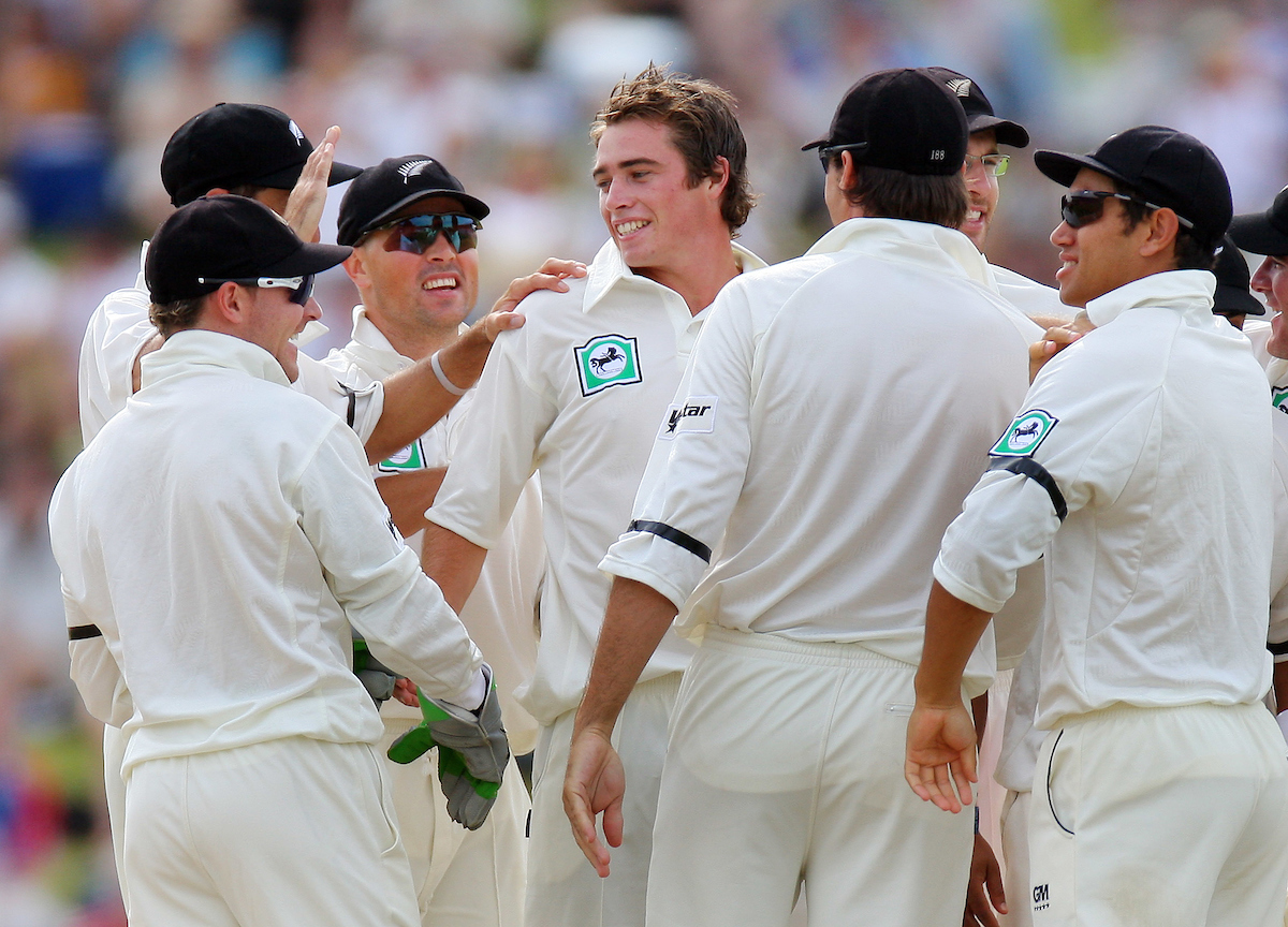New Zealand bowler Tim Southee celebrates his first test wicket after trapping Michael Vaughan LBW in the first test against England in 2008. Photo / Photosport