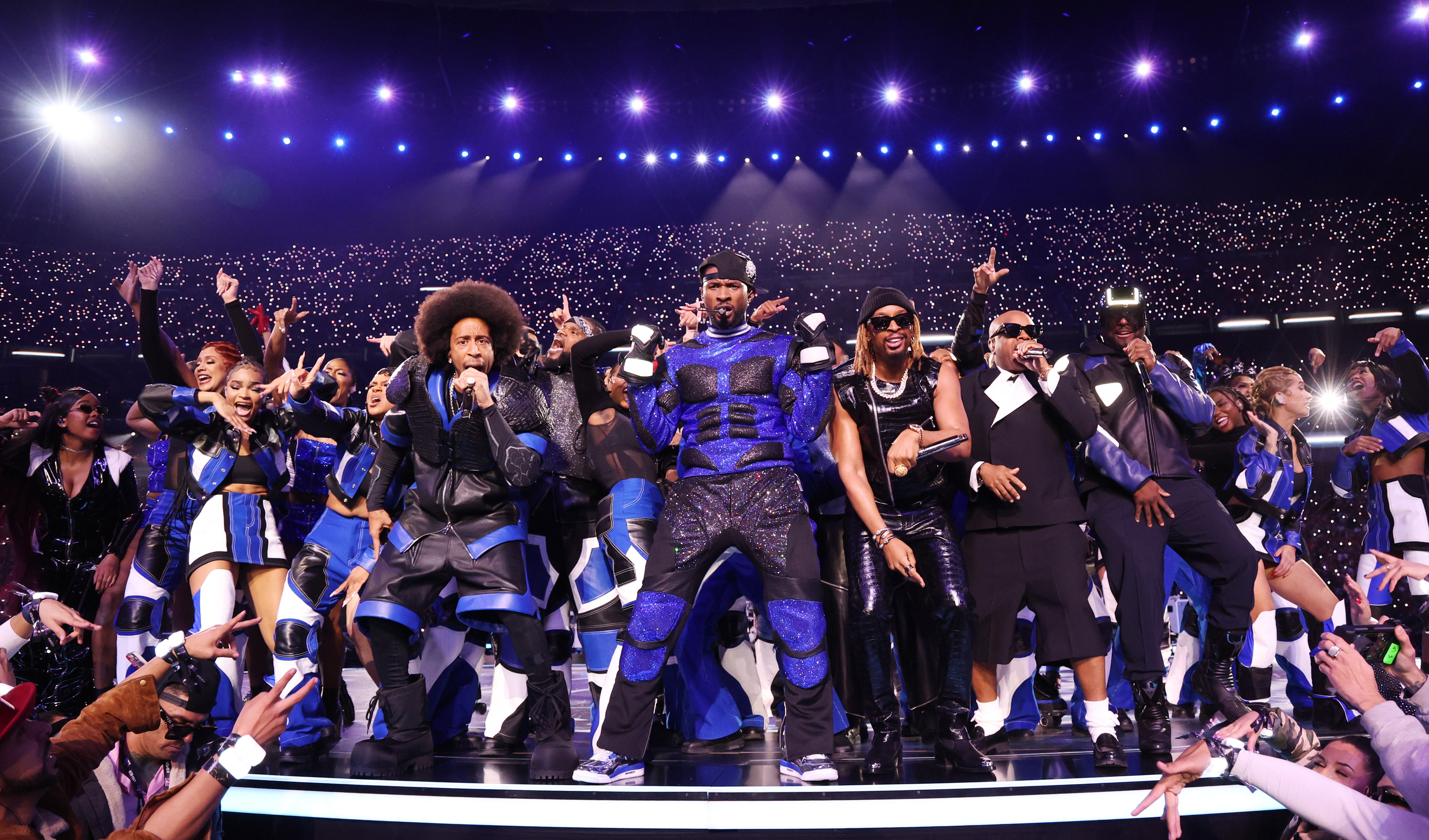 H.E.R., Ludacris, Usher, Lil Jon, Jermaine Dupri and will.i.am perform onstage during the Super Bowl LVIII halftime show. Photo / Getty Images