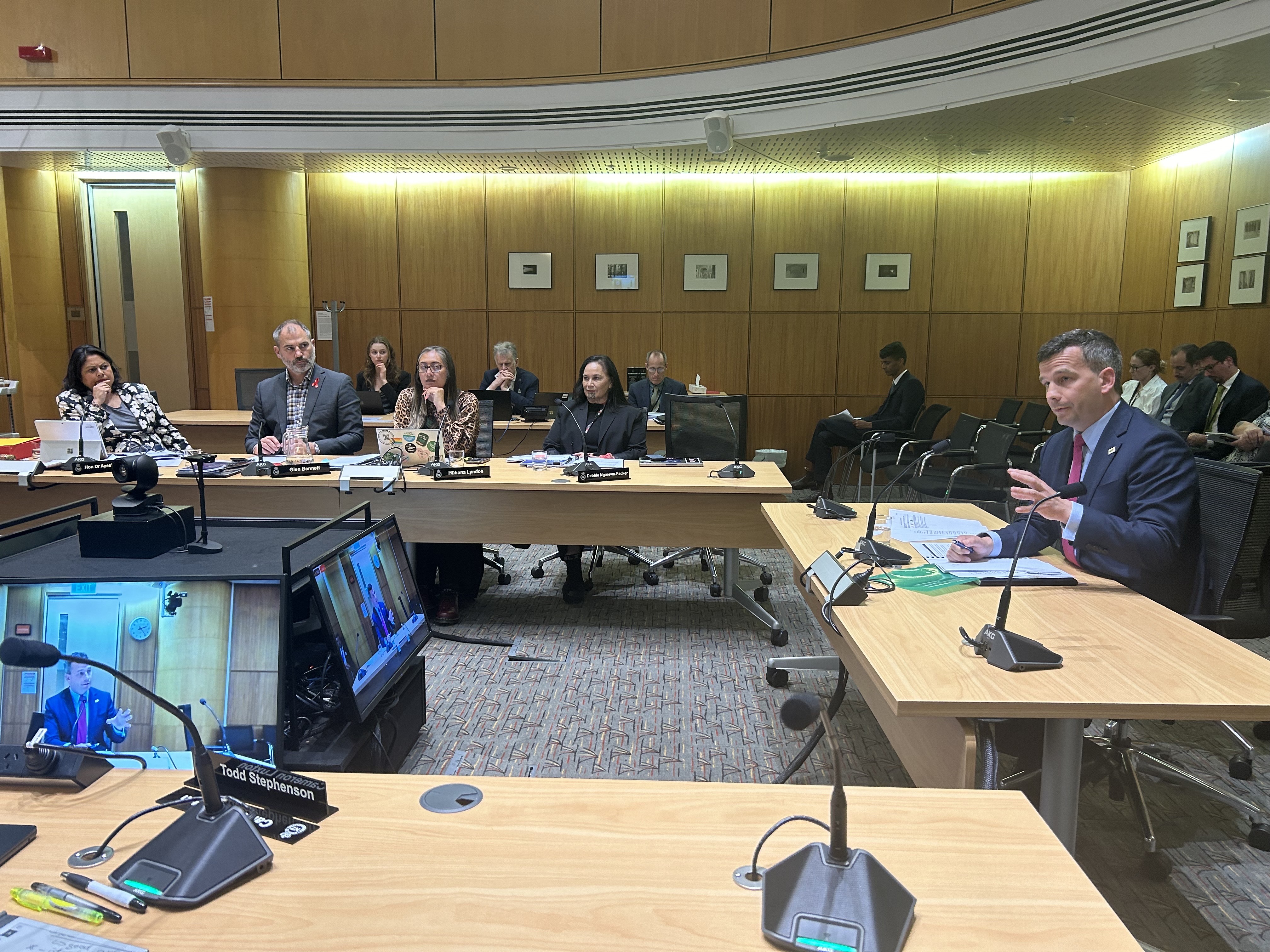 Pharmac Minister David Seymour (right) answers questions as Opposition MPs watch on during the Health Select Committee scrutiny week sitting. Photo / Adam Pearse