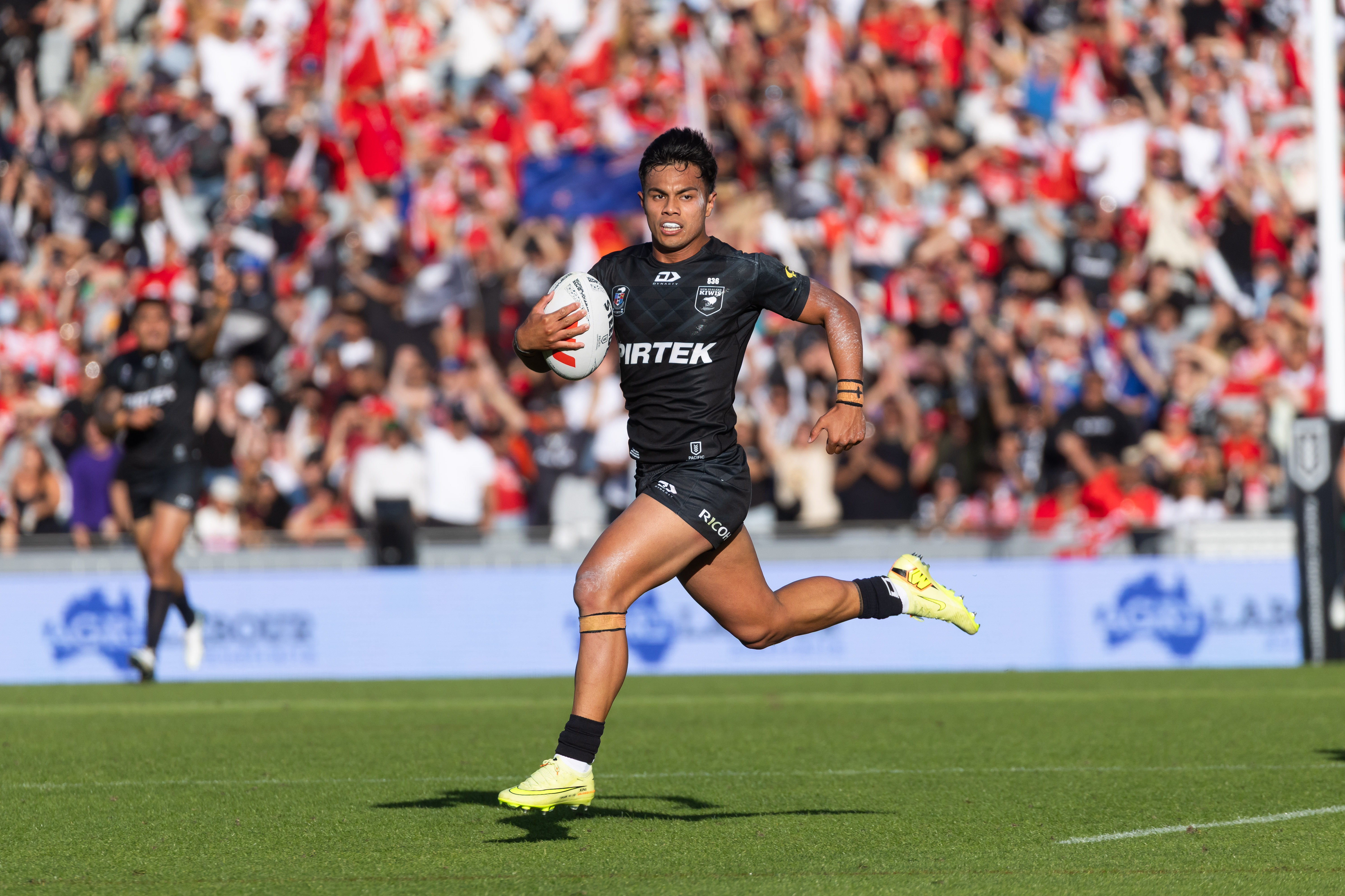 Keano Kini ran a game-high 199m and scored the opening try in the Kiwis' emphatic win over Tonga on Sunday. Photo / Photosport