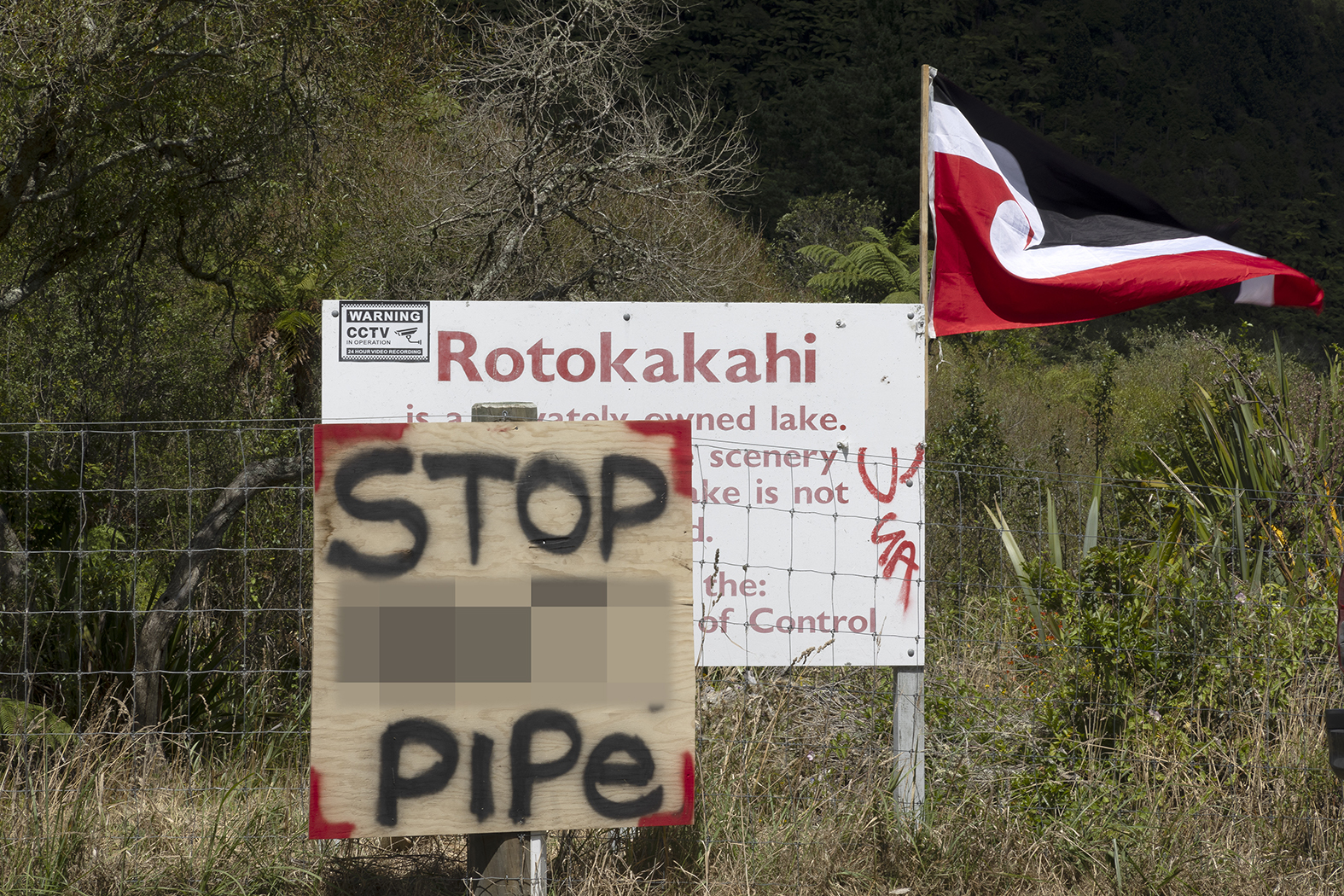 Signage during the January protest at Lake Rotokākahi. Photo / Andrew Warner