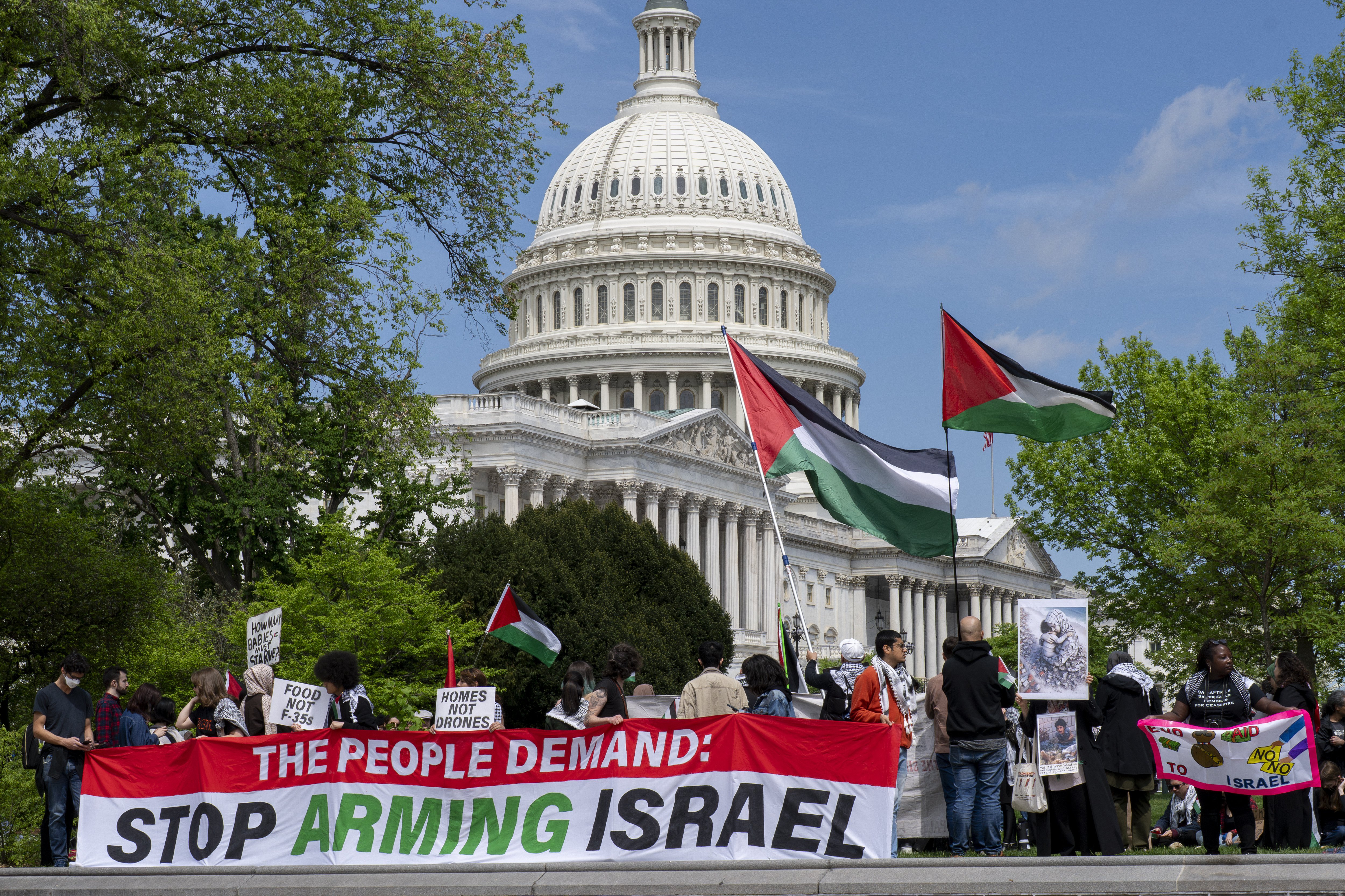 Pro-Palestinian activists demonstrate outside the Capitol as the House prepares to vote on approval of $161 billion in foreign aid for Ukraine, Israel and other US allies. Photo / AP